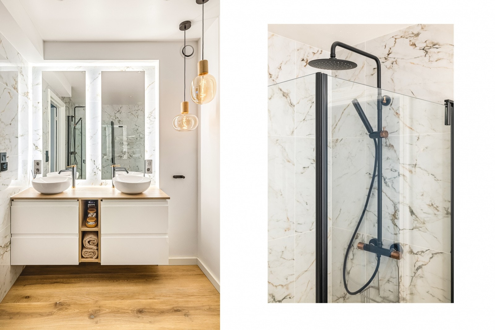 Innredningen består av dobbel servant med praktiske skuffer, speil på vegg, vegghengt toalett og dusj med glassfoldedører. Galleribilde