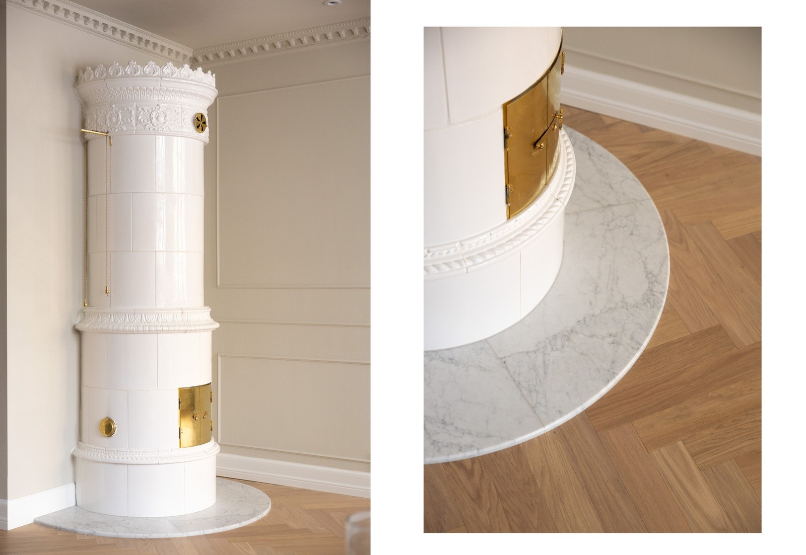 I stuen er det satt inn en nydelig kakkelovn fra Krona med måltilpasset gulvplate i Carrera marmor Galleribilde