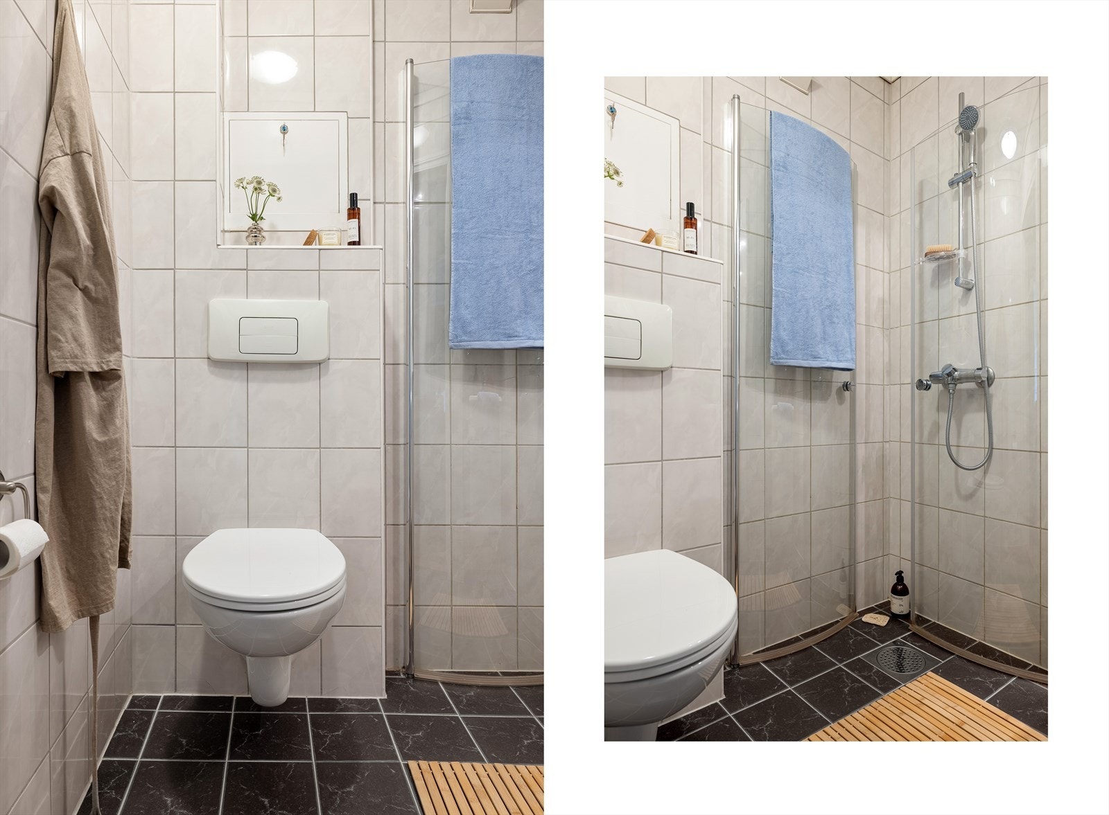 Flislagt bad med varmekabler i gulv. Det er benyttet rør-i-rør, plastrør til vannforsyningsrør. Galleribilde