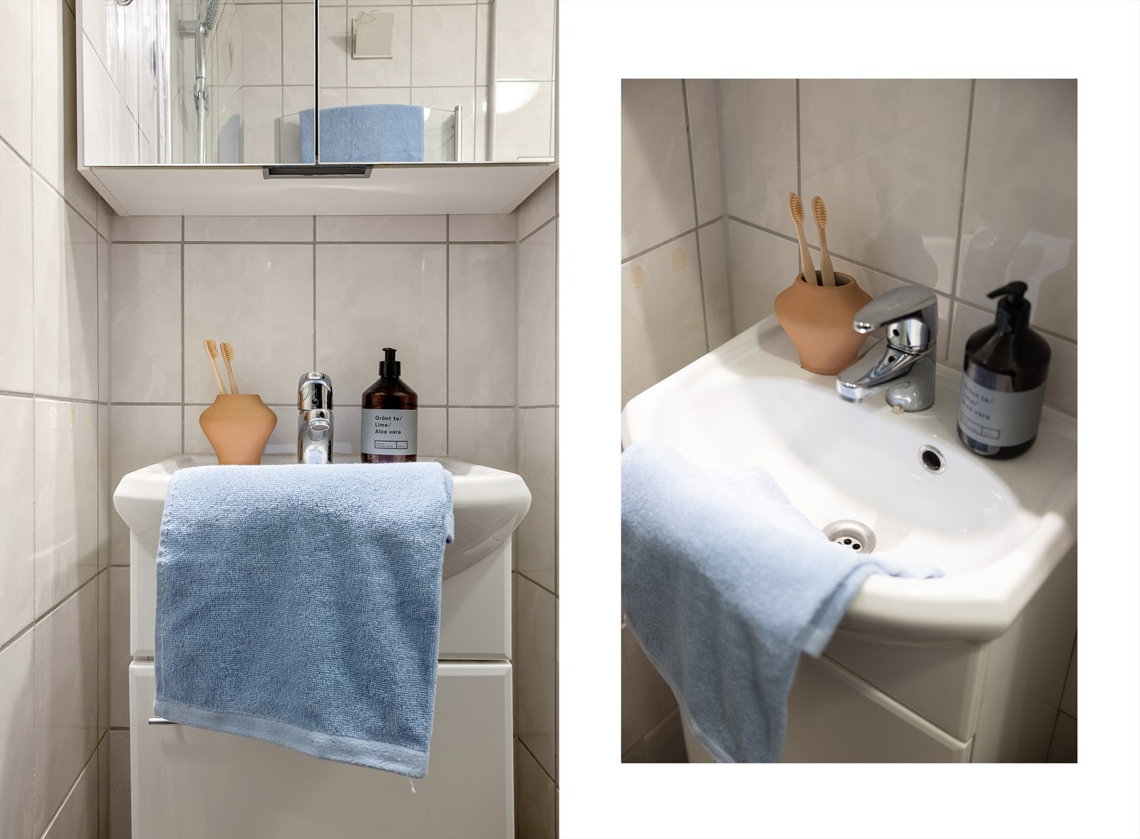 Badet er utstyrt med vegghengt toalett, servant med skap og dusjdører i klart glass. Galleribilde