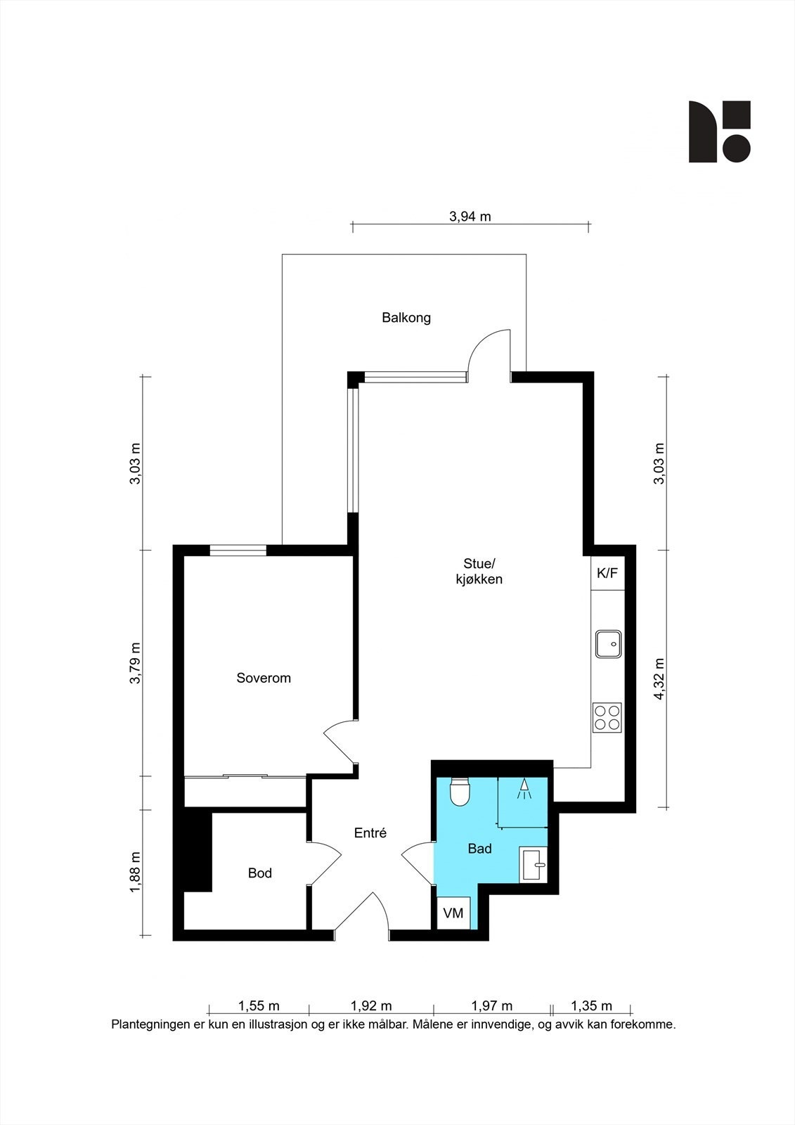 Plantegning. Leiligheten ligger i byggets 2.etasje. Galleribilde