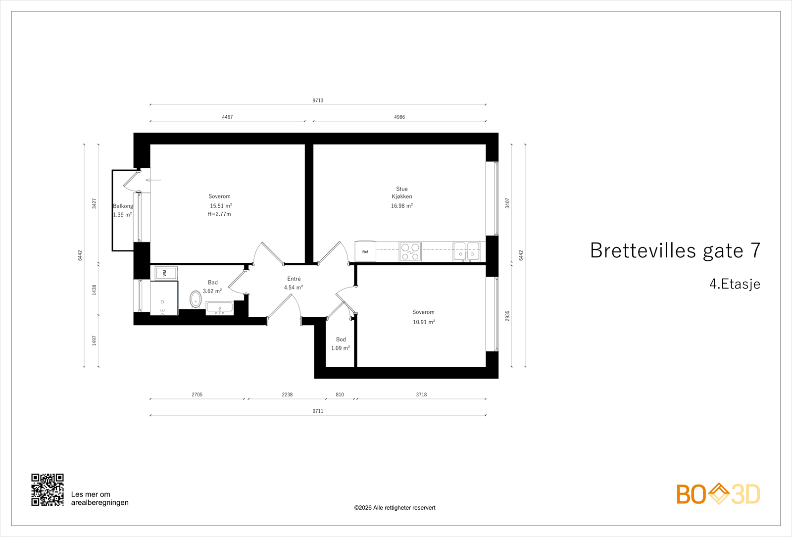Alternativ planløsning med åpen stue/kjøkkenløsning og to soverom - 3-roms løsning. En slik løsning er ikke undersøkt men sett at naboer har utført en slik eller lignende omgjøring. Undersøkelser og utførelse hviler på kjøper. Galleribilde
