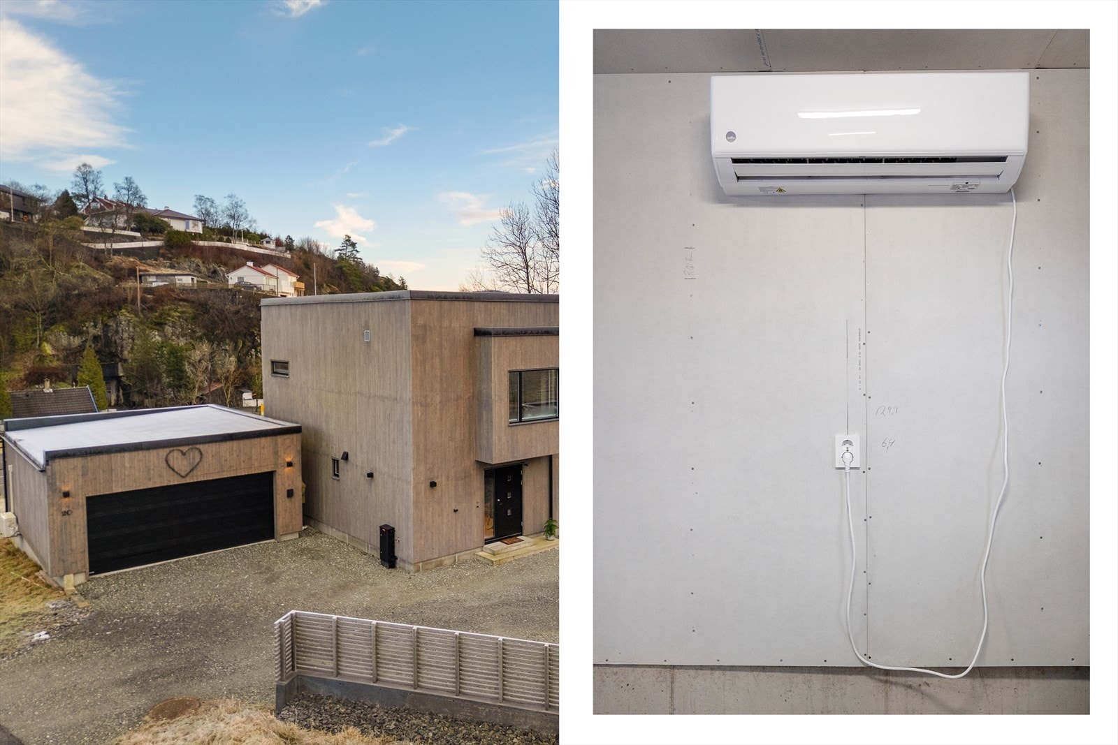 En av garasjene med utvendig el-billader og varmepumpe. Begge garasjene er isolert. Galleribilde