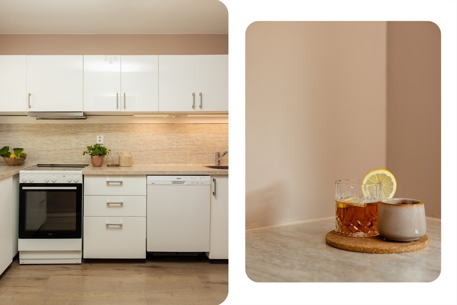 Det er også oppvaskmaskin og integrerte hvitevarer. Dette er et funksjonelt og innbydende kjøkken som egner seg godt både til hverdagsbruk og matlaging for gjester Galleribilde