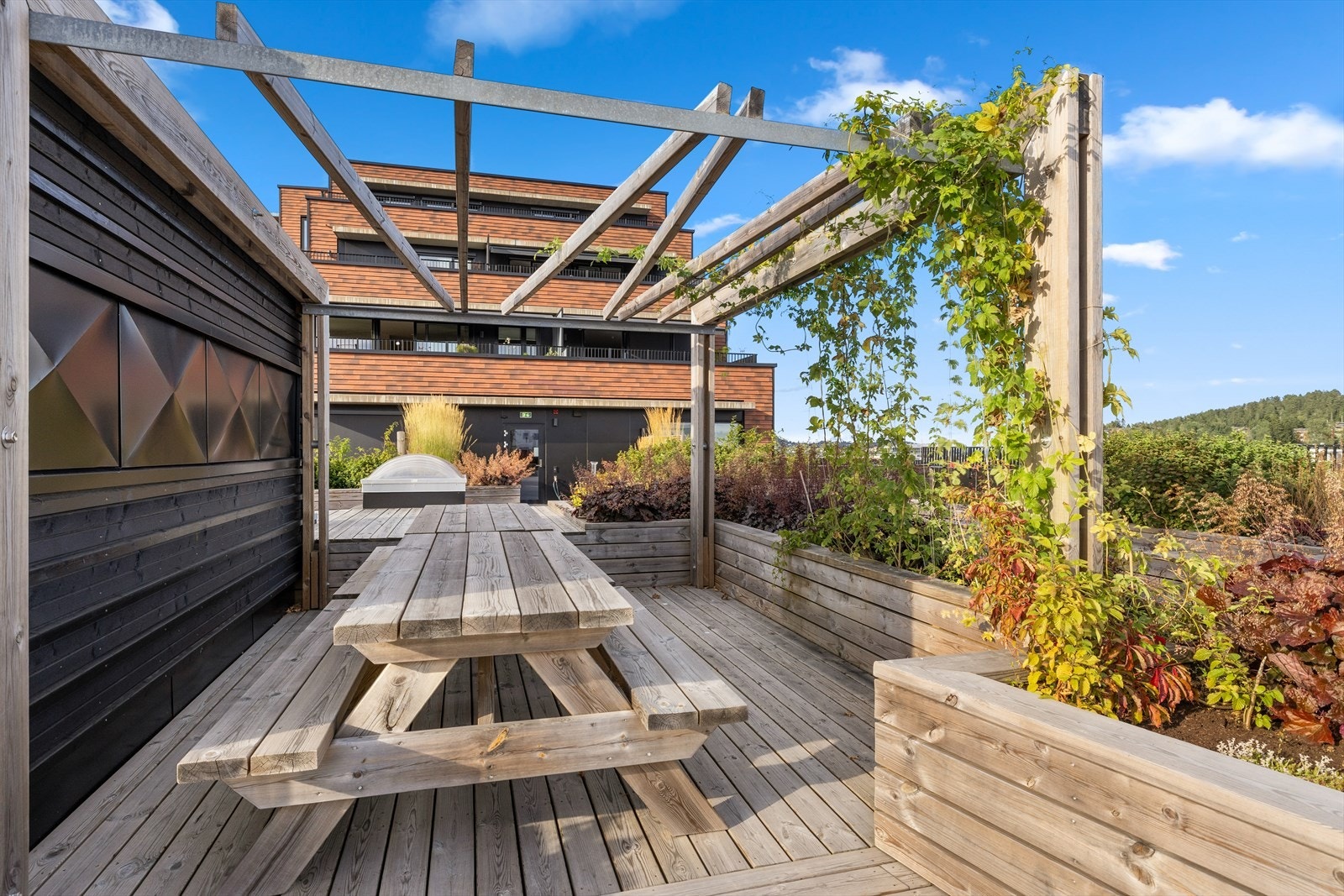 Nyt gode solforhold på de flotte, felles takterrassene med pergola. Galleribilde