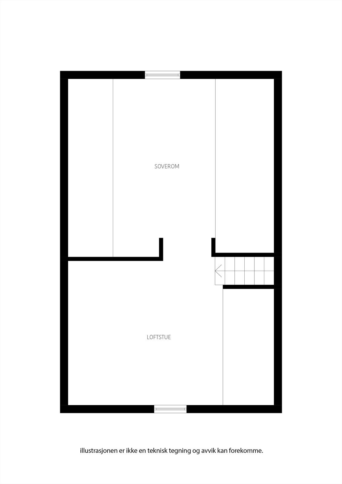 Plantegning på øverste etasje med følgende rominndeling. Galleribilde