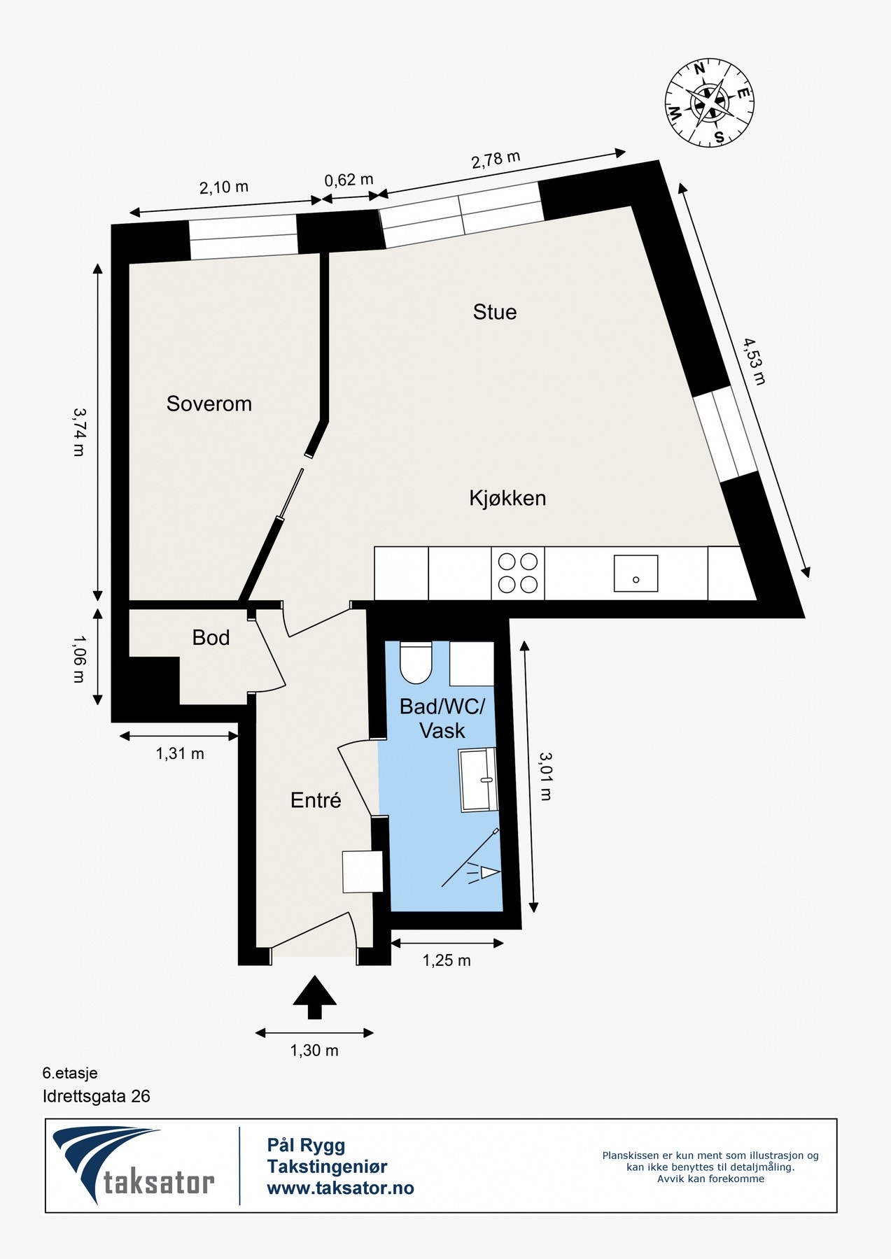 Plantegning 6. etasje: Entré, bod, bad, soverom og stue/ kjøkken. I tillegg er det en kjellerbod Galleribilde
