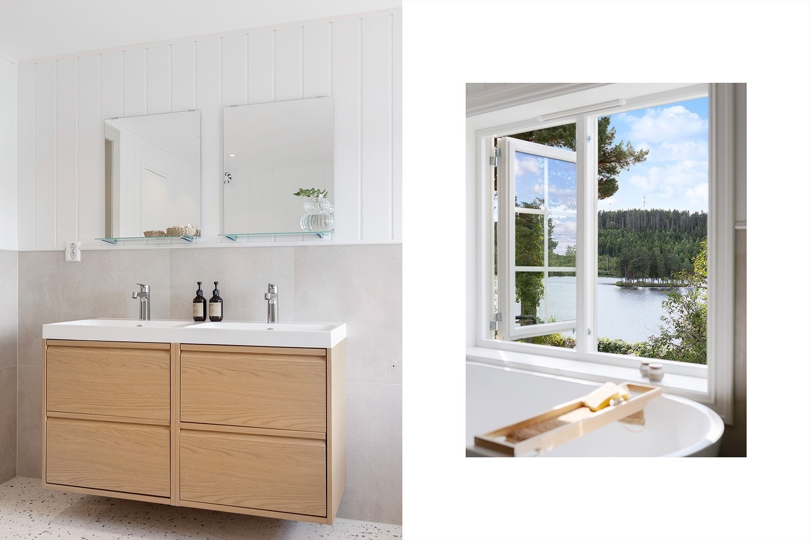 Rommet har dobbel servant med underskap, veggmontert toalett, dusjhjørne og badekar. Opplegg for vaskemaskin og tørketrommel. Galleribilde