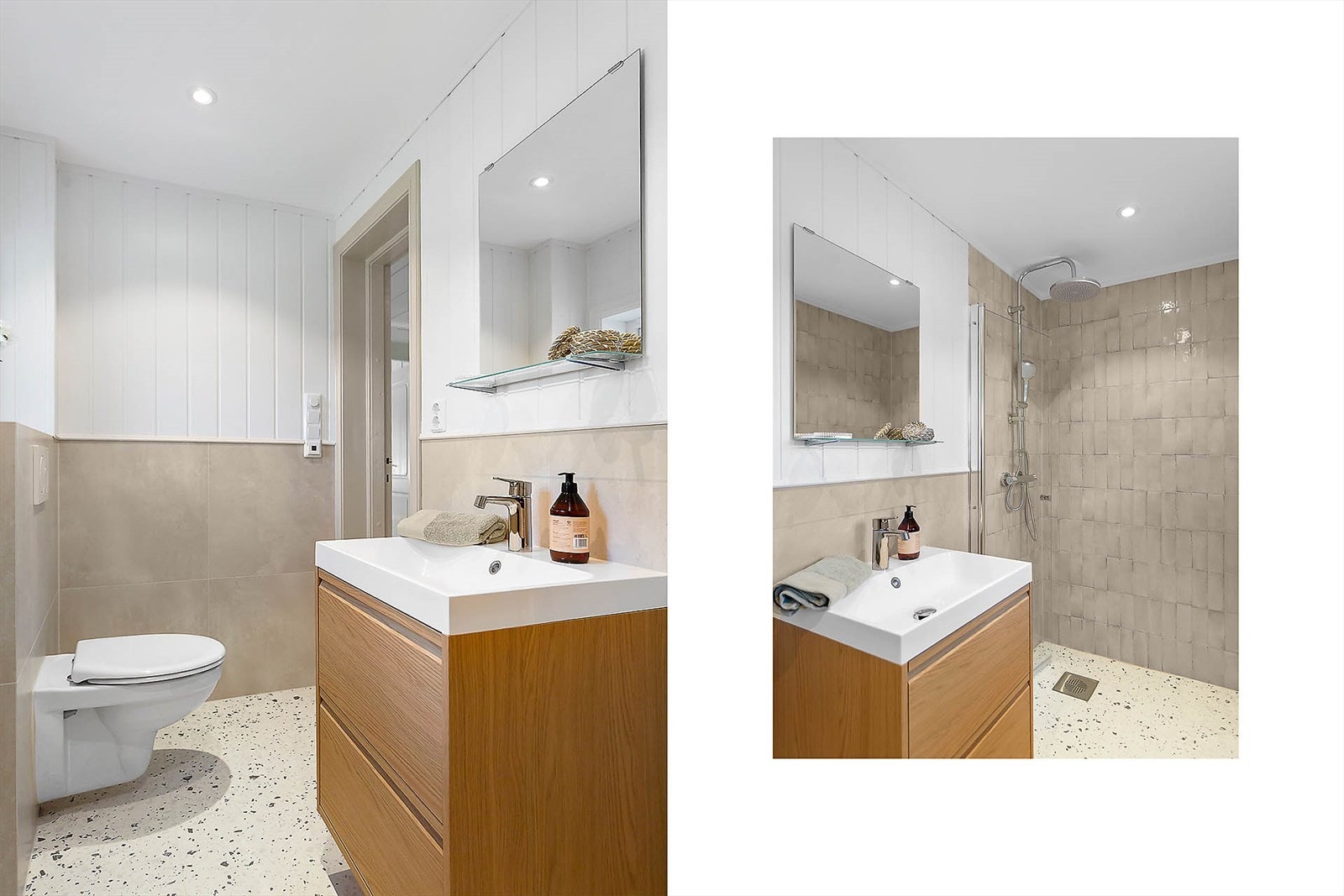 Badet er innredet med servant, veggmontert toalett og dusjhjørne. Det er downlights i himlingen. Galleribilde