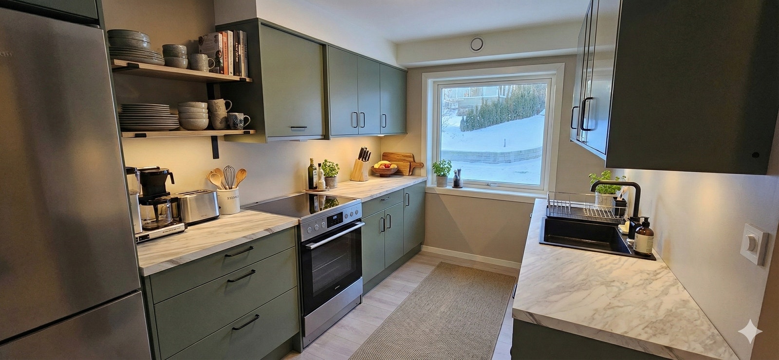 (redigert for inspirasjon) Kjøkkenet har plass til det meste man trenger. Galleribilde