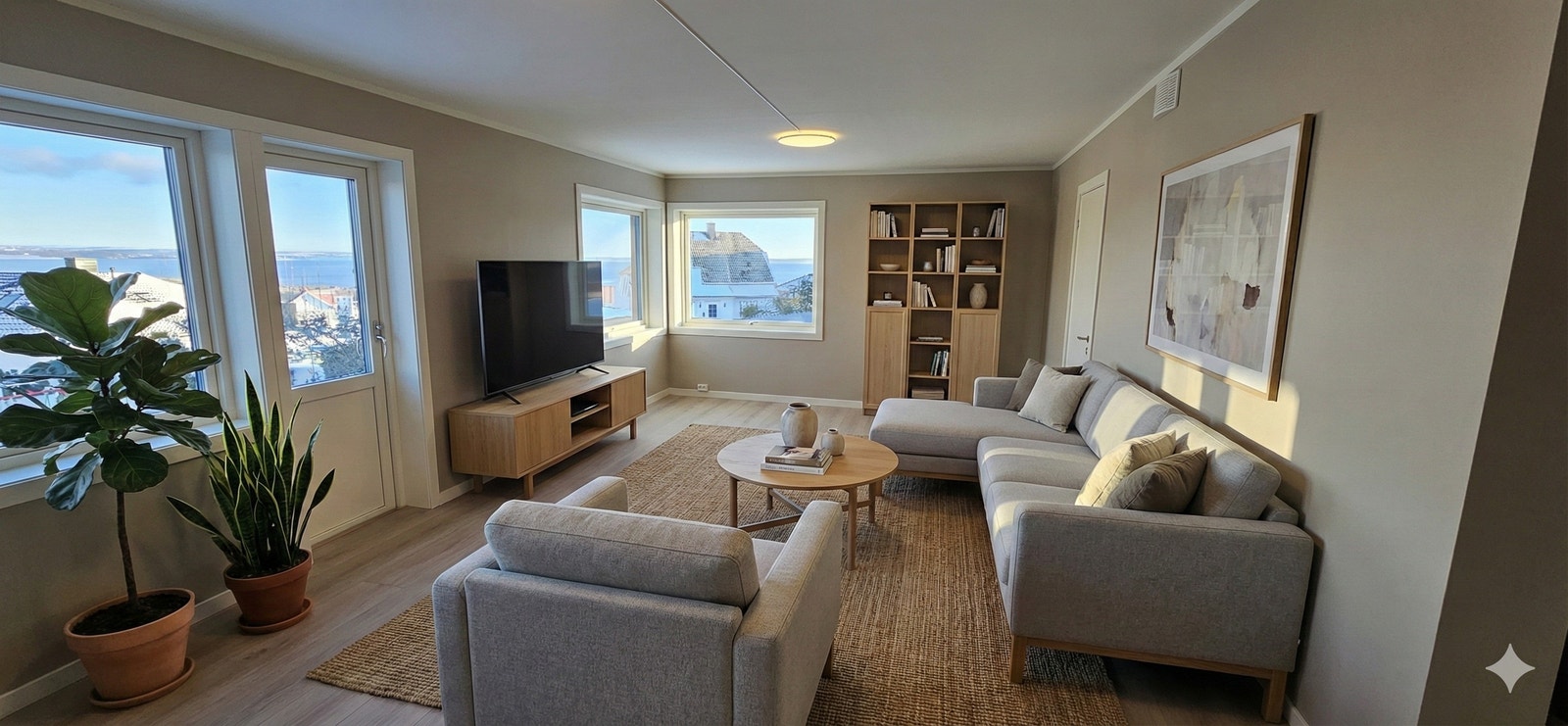 (redigert for inspirasjon) Fra gangen kommer du inn til stuen med flott utsikt over fjorden. Galleribilde