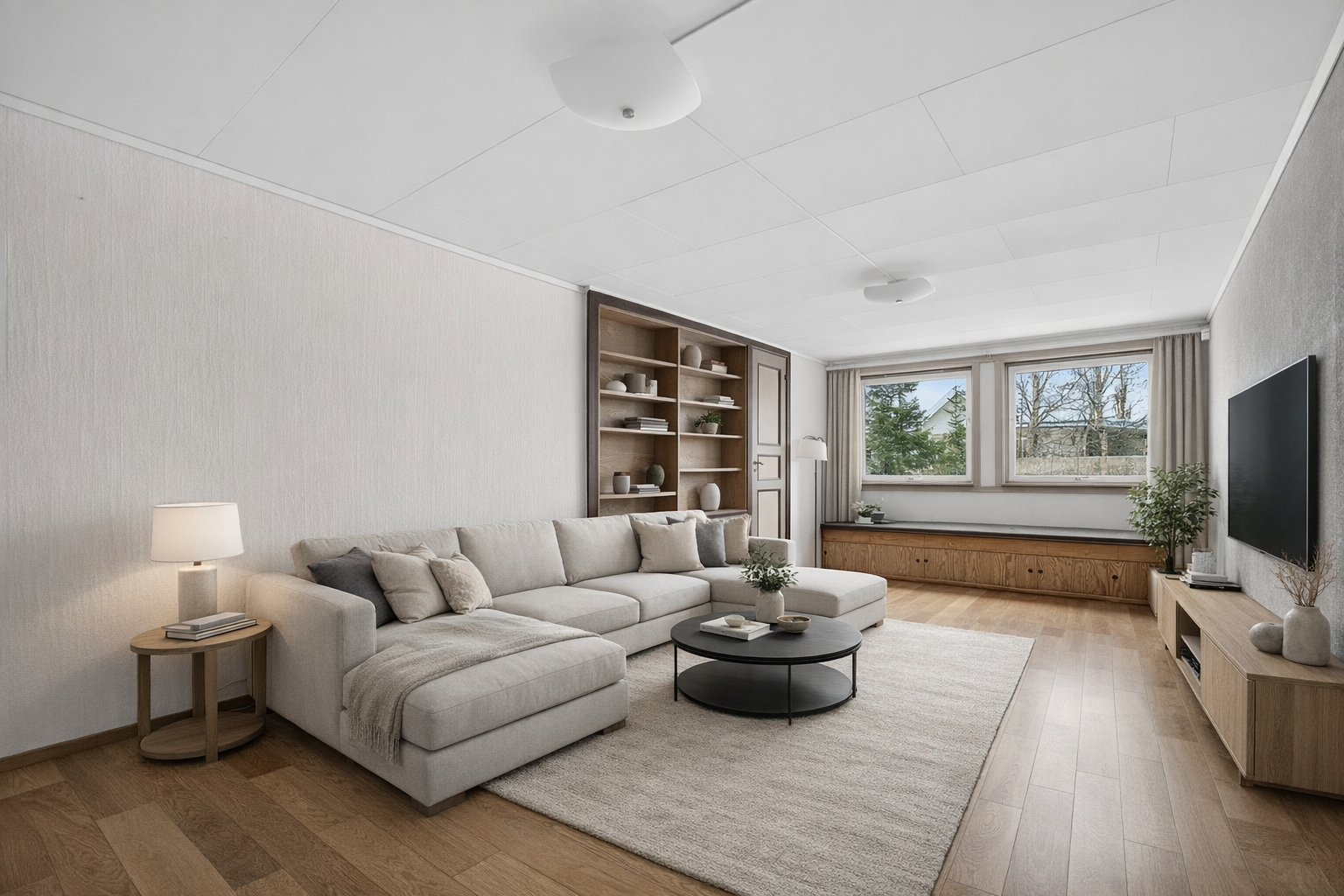 Stue nummer to, her digitalt møblert - fleksibelt rom med uttrekkbar seng fra vegg. Stuen er oppmålt til 20 m². Det kan nevnes at rommet har vannbåren gulvvarme. Galleribilde