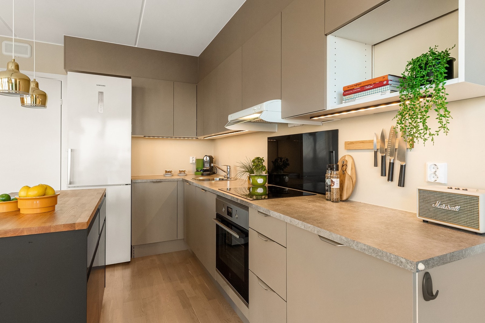 Kjøkkenet er utstyrt med integrert induksjonstopp, stekeovn og oppvaskmaskin. Galleribilde