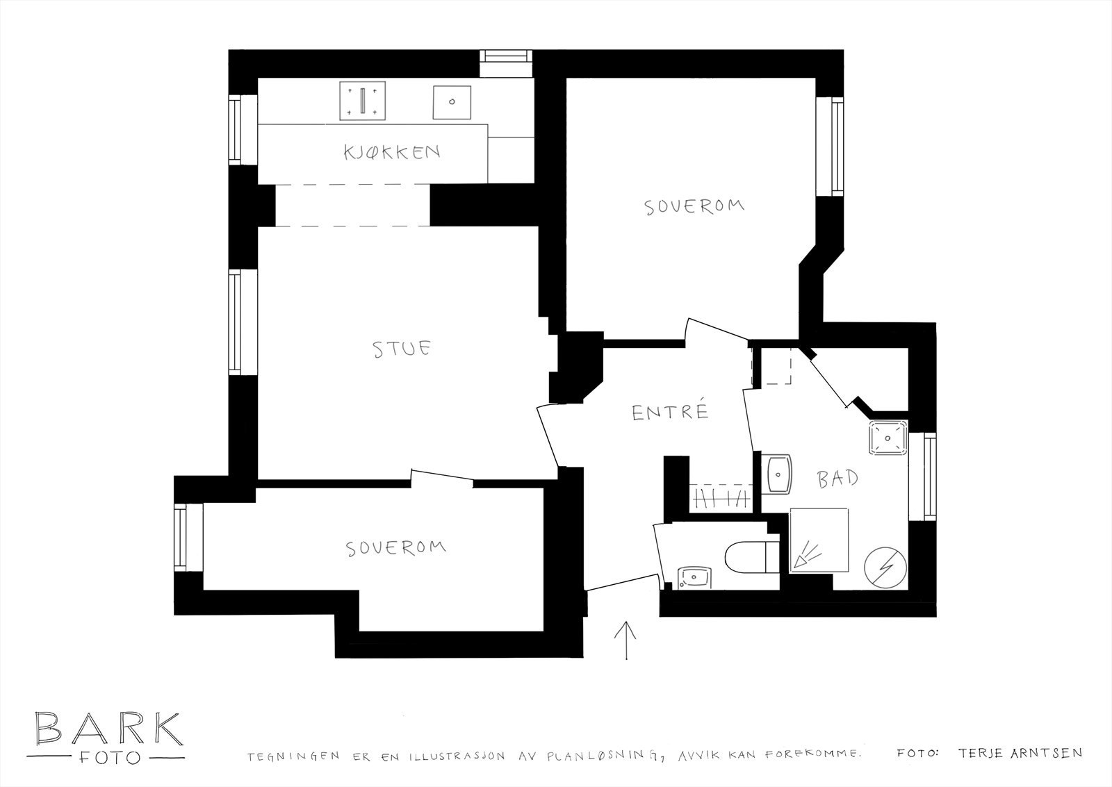 Alternativ plantegning (kjøpers ansvar om dette lar seg gjennomføre og det anbefales gjennomgang med fagfolk dersom dette er avgjørende for kjøp). Galleribilde