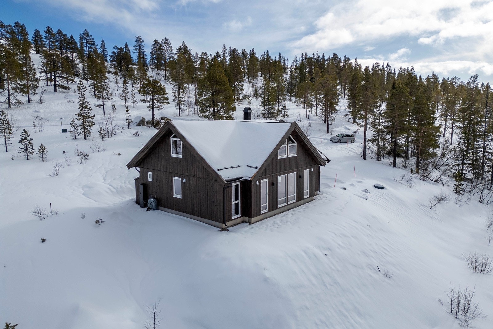 Det er opparbeidet gårdsplass med parkering rett utenfor hytta, som ellers omkranses av naturtomt og vakker fjellnatur med skog. Galleribilde