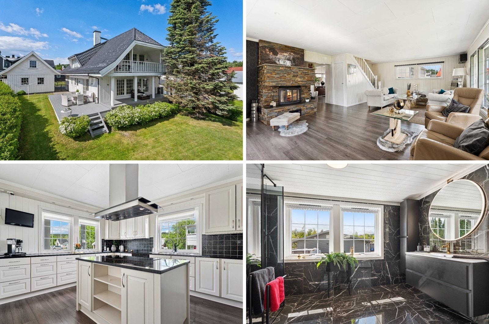 Eiendommen inkluderer en romslig dobbelgarasje og en gårdsplass med belegningsstein. Galleribilde