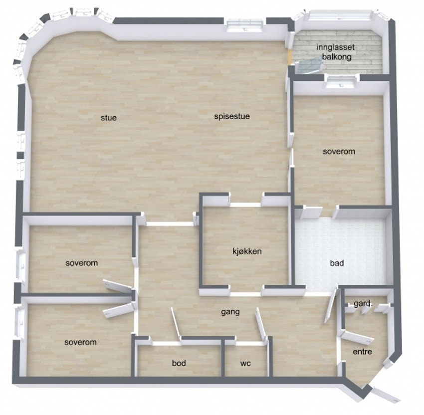 Leiligheten byr på: gang, bad, toalettrom, stue/spisestue, kjøkken, teknisk rom og 3 soverom. Galleribilde