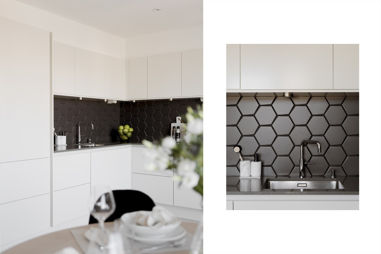 I 2023 ble det lagt nye, stilige fliser mellom kjøkkenbenken og overskapet. Galleribilde