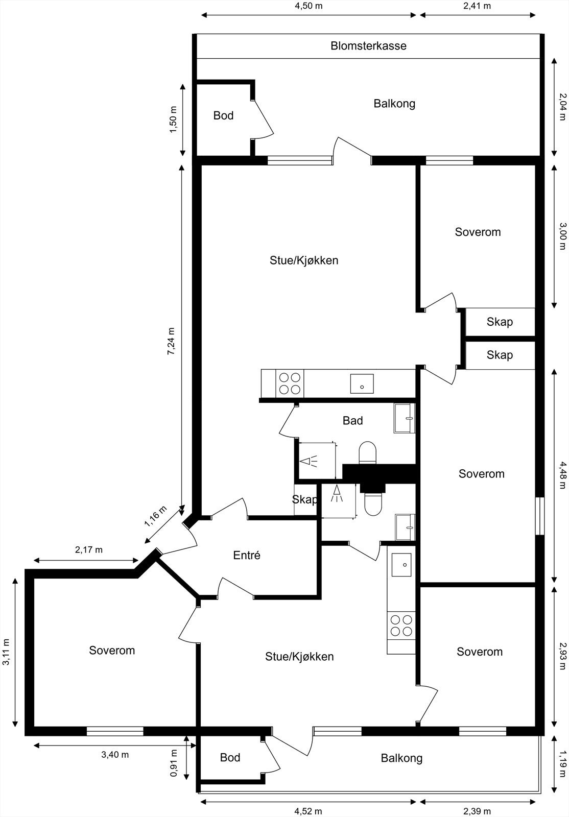 Plantegningen viser en smart løsning med to separate boenheter, tre godkjente soverom og to bad. Galleribilde