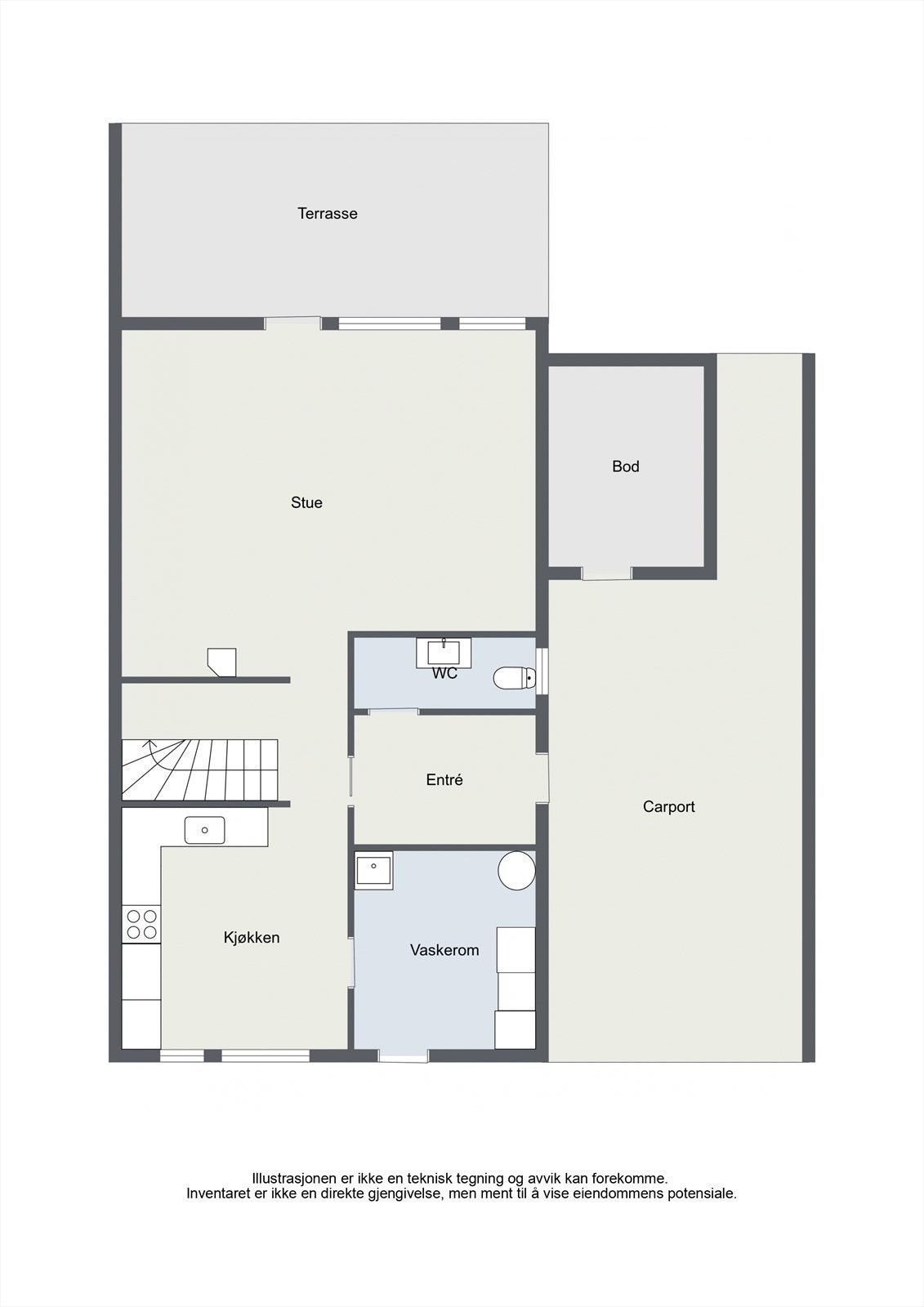 Første etasje har en sosial planløsning med stue og kjøkken, samt praktiske rom som vaskerom og WC. Galleribilde