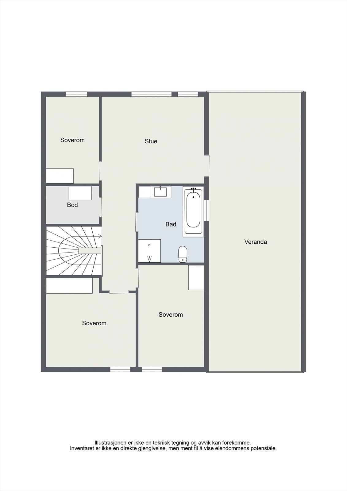 Andre etasje inneholder tre soverom, loftstue, bad, bod og en veranda. Galleribilde