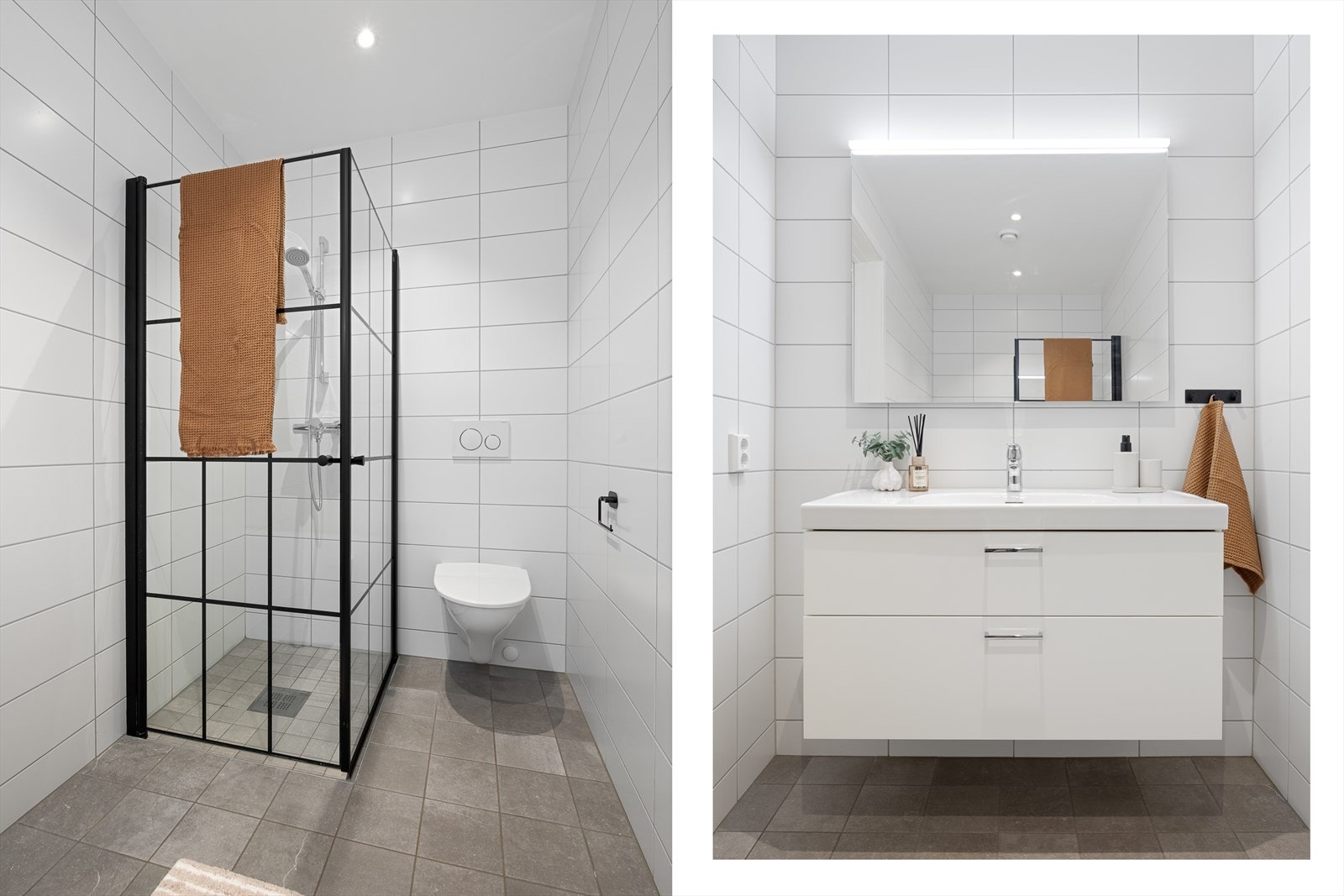 Delikat hovedbad som er innredet vegghengt toalett, dusj med glassfoldedører samt servant med møblement, speil og belysning. Galleribilde