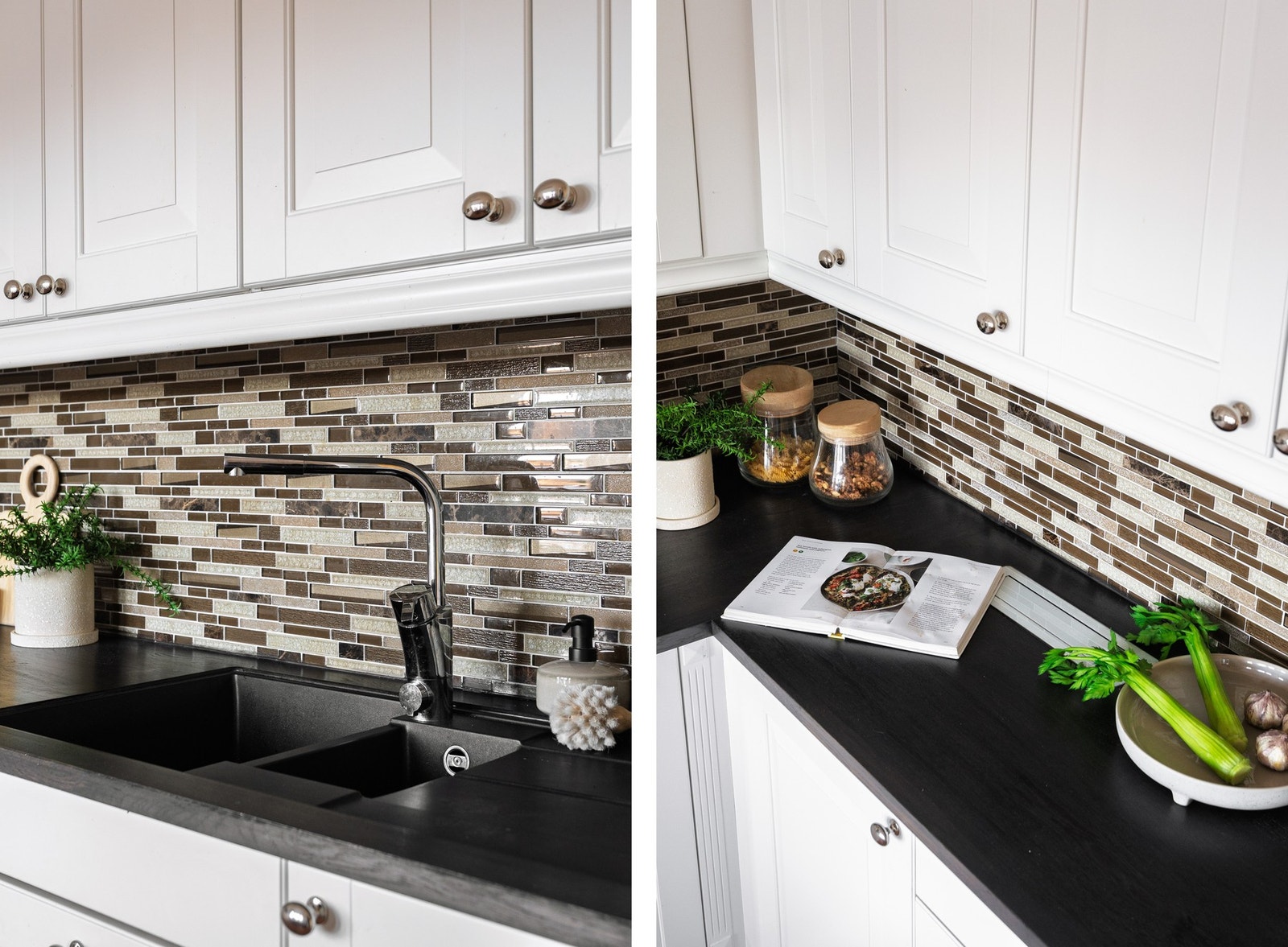 Kjøkkeninnredning med profilerte fronter og heltre eik benkeplate ned nedfelt vask av kompositt. Galleribilde