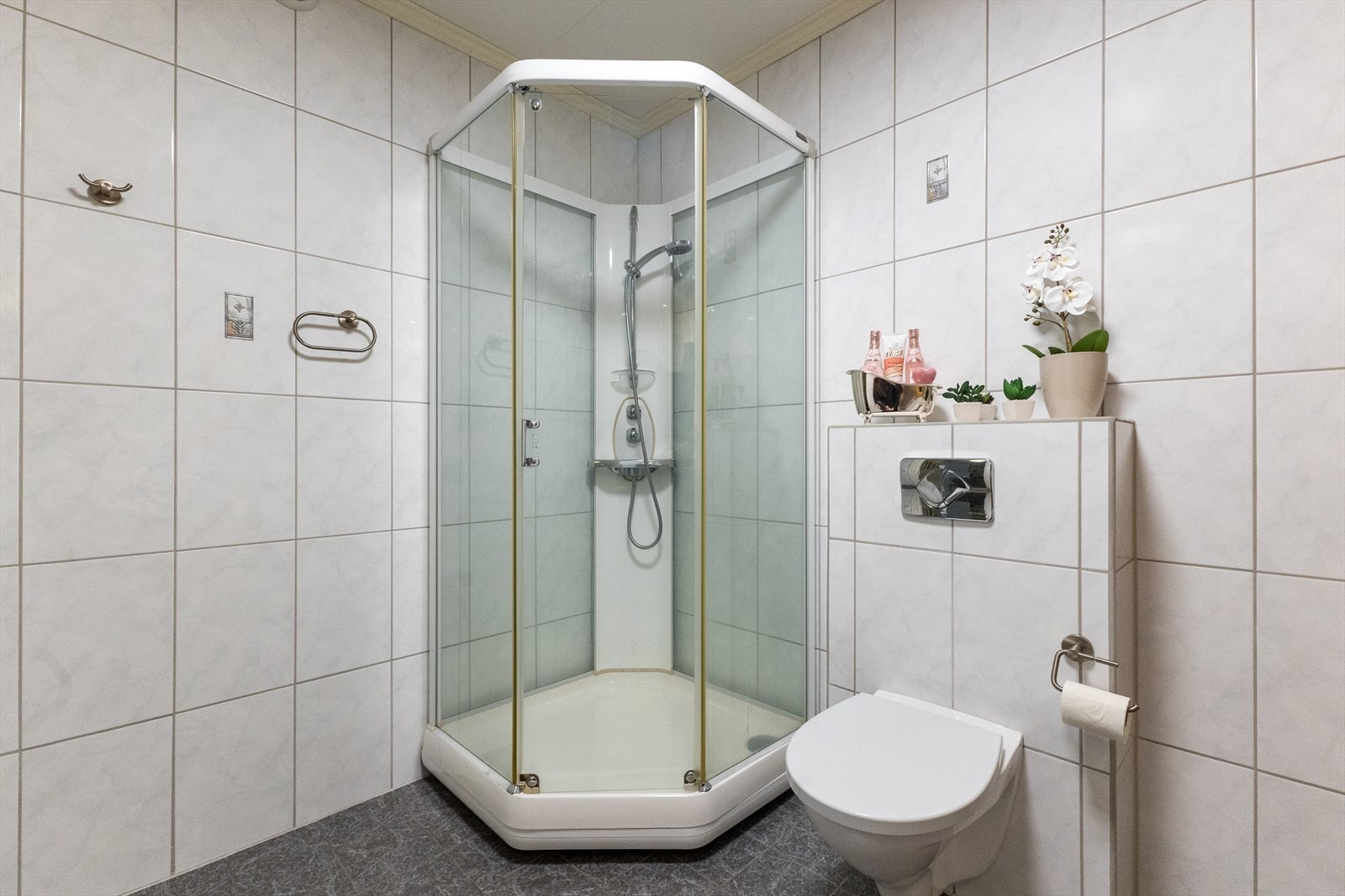 Dusjkabinett og veggmontert wc. Galleribilde