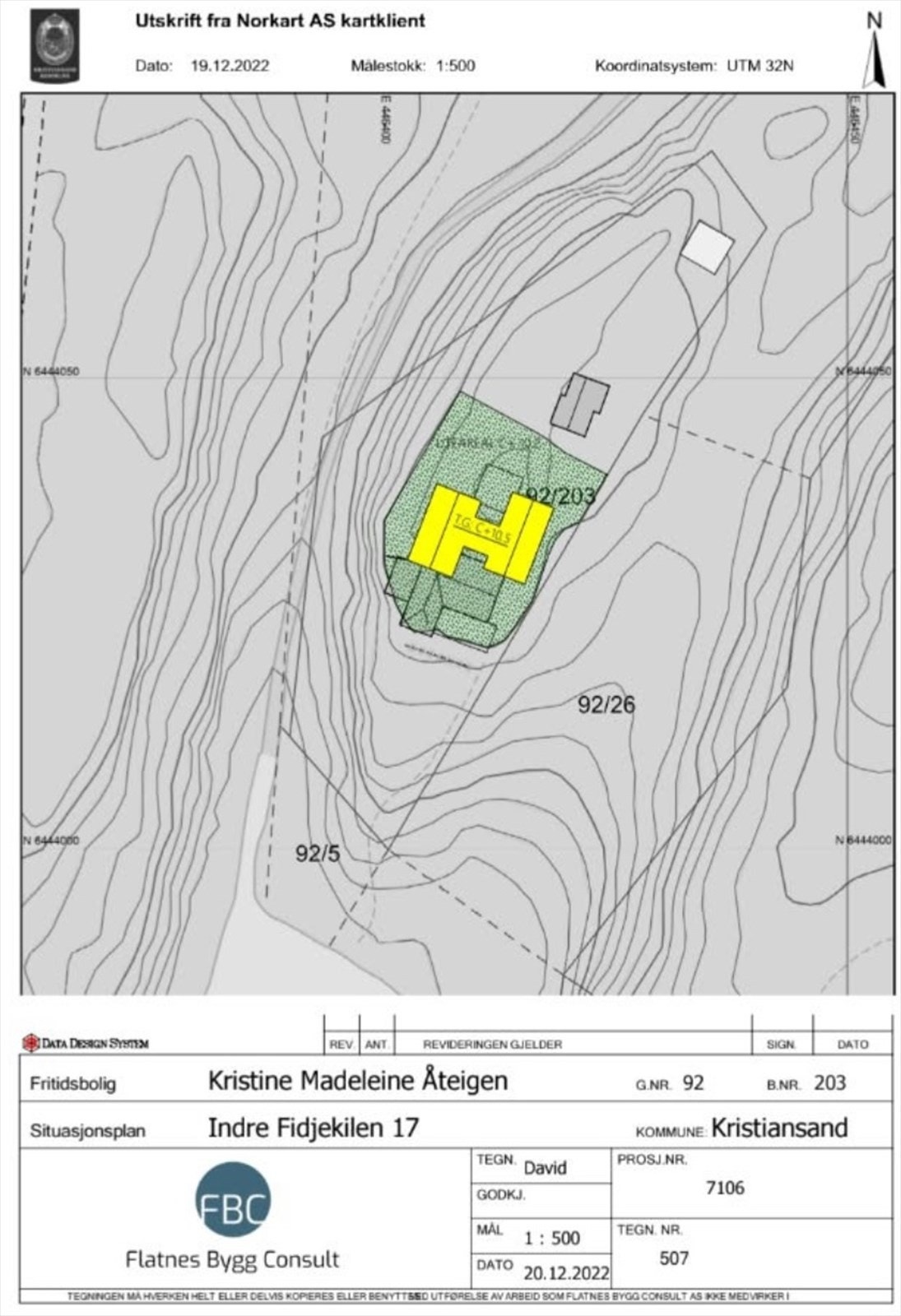 Kart med forsalg til plassering av hytte laget av Flatnes Bygg Consult (Tegningene er ikke innsendt/godkjent hos kommune) Galleribilde