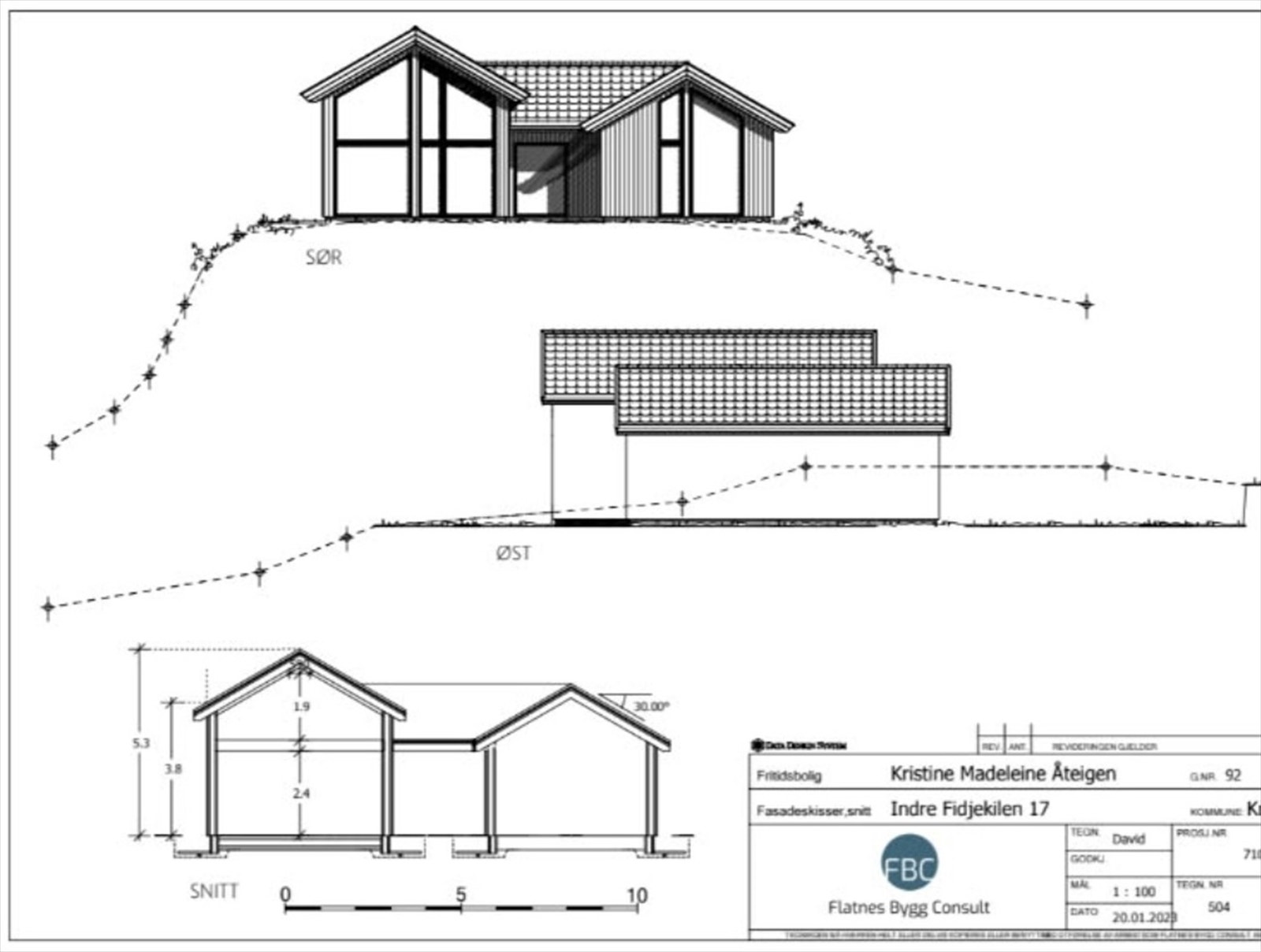 Nye tegninger fra Flatnes Bygg Consult med Snittegning, fasade Sør og Øst (Tegningene er ikke innsendt/godkjent hos kommune) Galleribilde