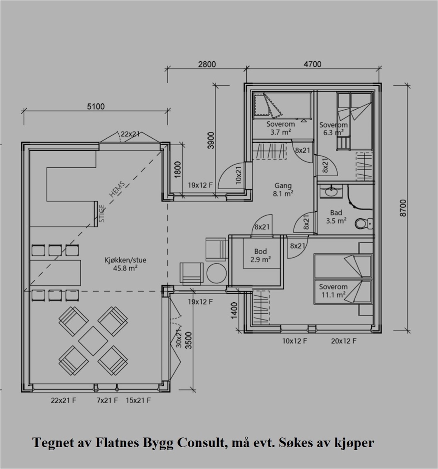 Tegninger Flatnes Bygg Consult med forslag til planløsning Galleribilde