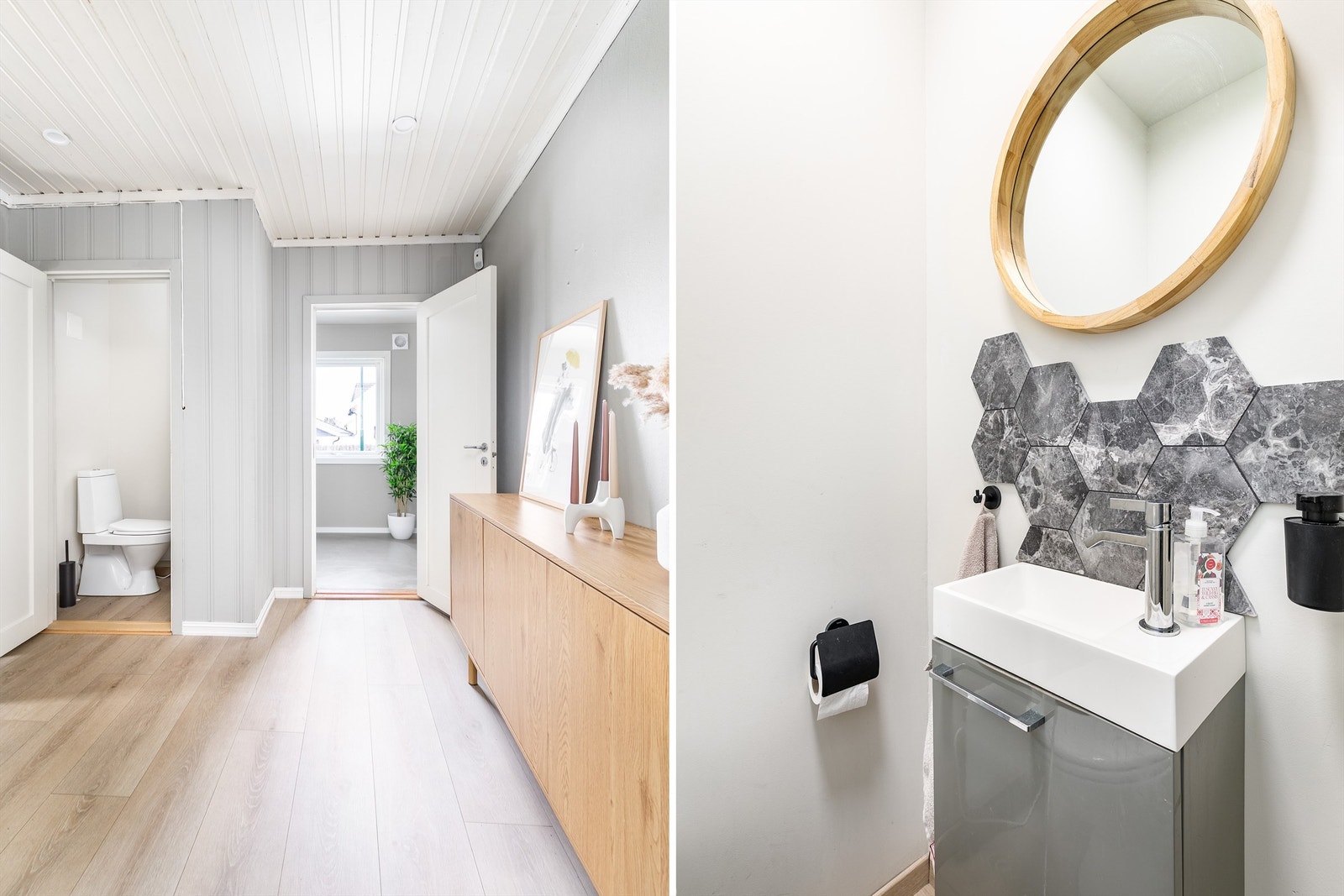 Gjestetoalettet ble pusset opp i 2019 og er lett tilgjengelig fra gangen mellom stuen og kjøkkenet. Galleribilde