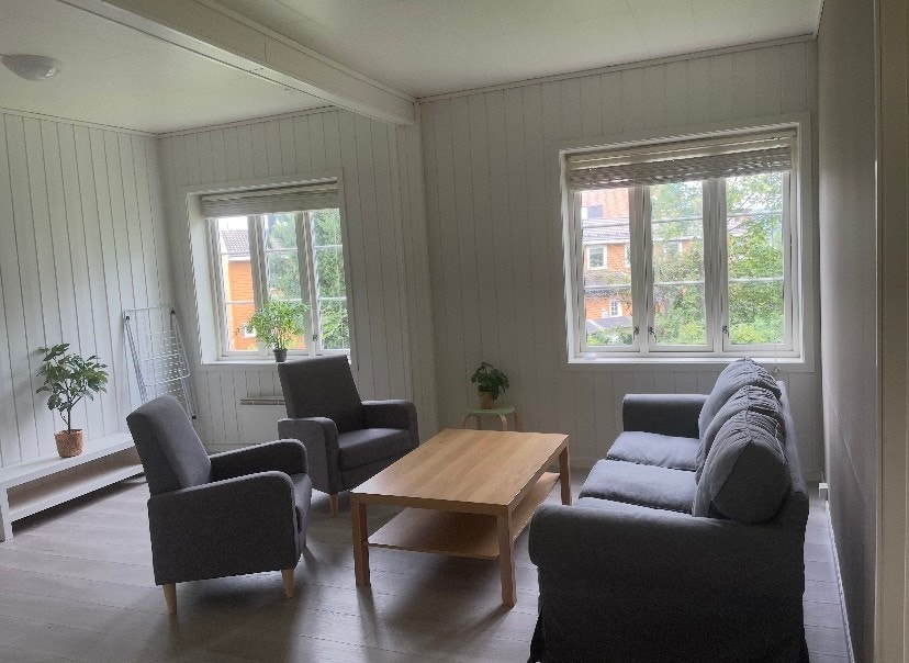 Felles stor stue som er møblert med sofa, sofabord og stoler. Galleribilde