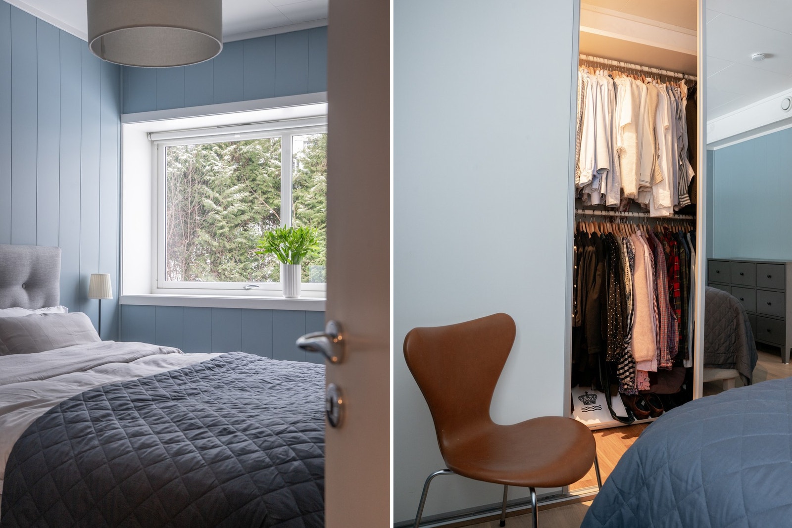 Hovedsoverom med ekstra dyp skyvedørsgarderobe, nesten som en walk-in-løsning. Galleribilde