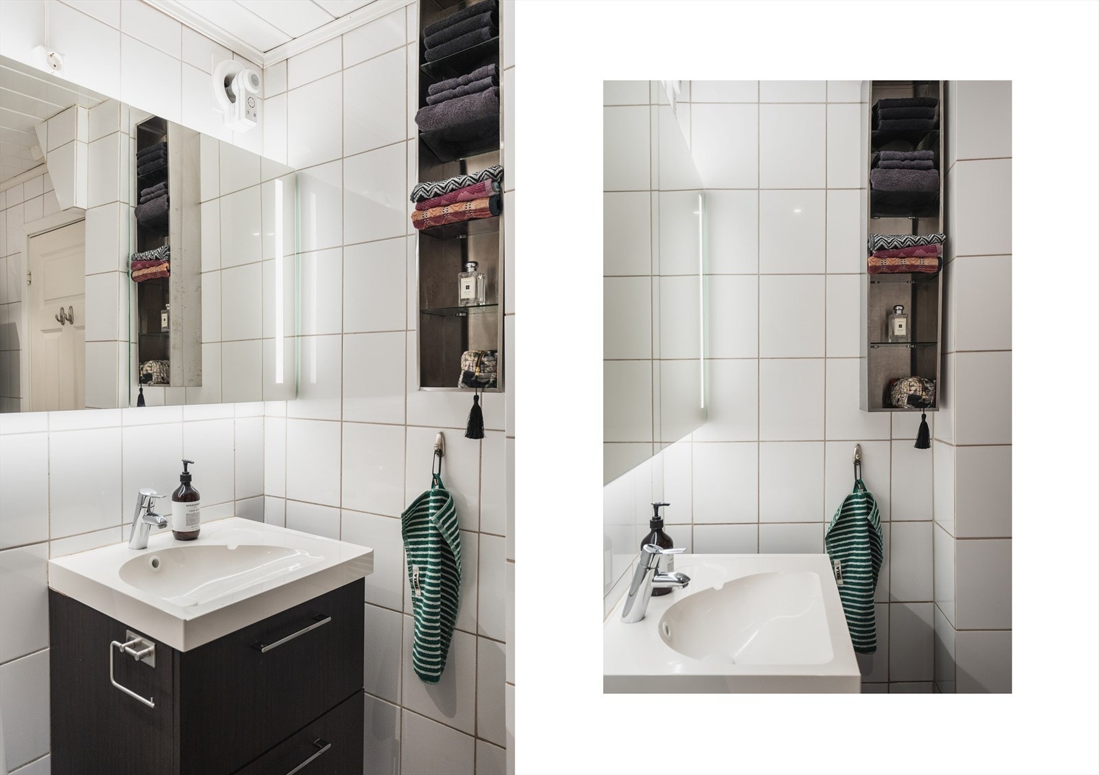 Badet er innredet med servant med underskap, veggskap med speilfront fra januar 2025, toalett og hjørnebadekar som ble montert i 2015, med både regnfallsdusj og hånddusj. Galleribilde