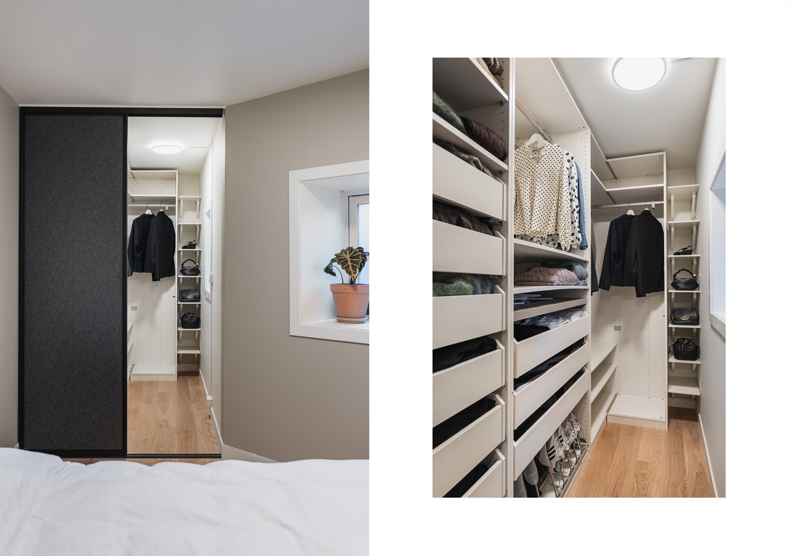 Praktisk plassbygget skyvedørsgarderobe med eget omkledningsrom. Galleribilde