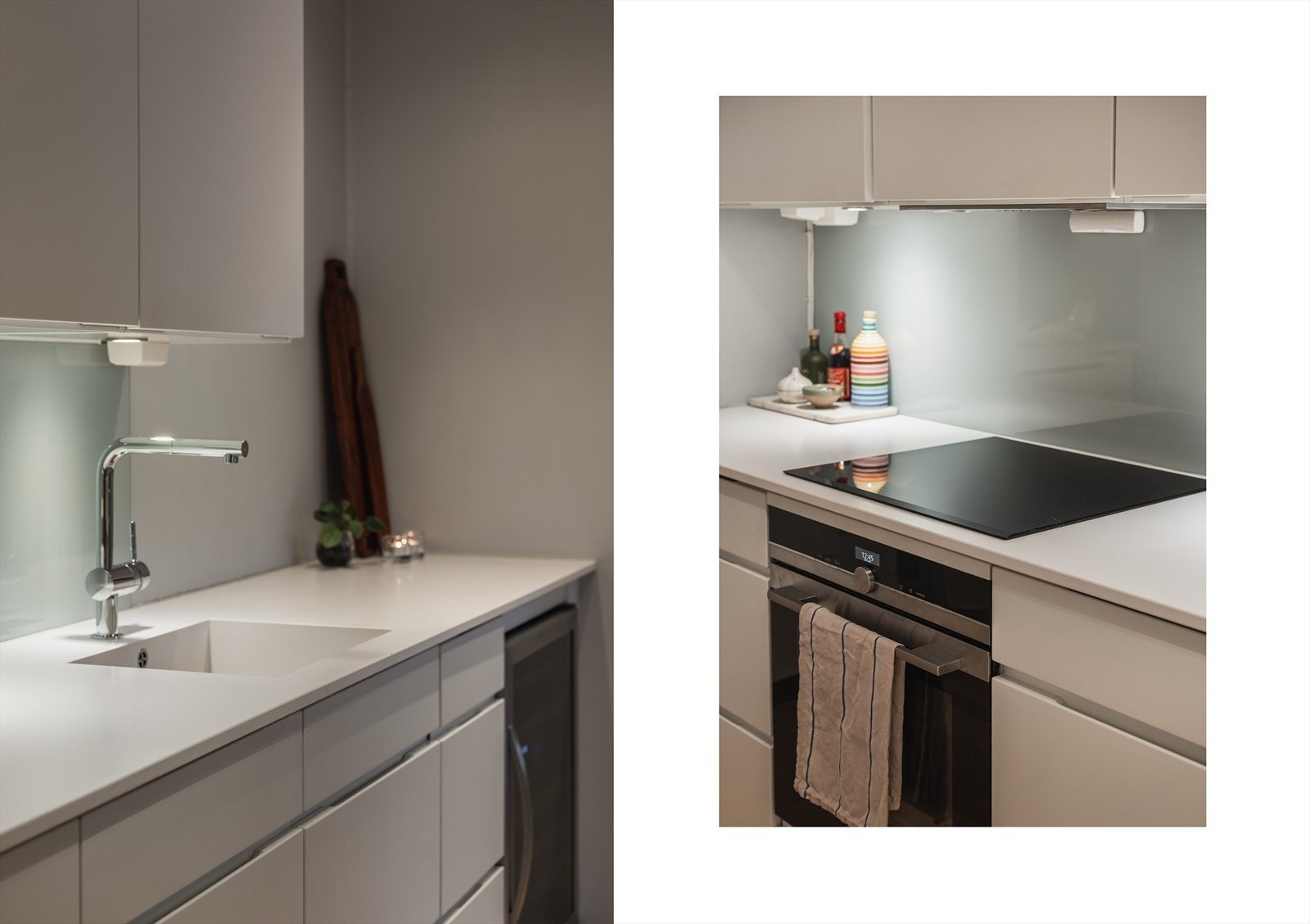 Benkeplaten er i lys kompositt (Corian) med underlimt oppvaskkum i tilsvarende materiale Galleribilde