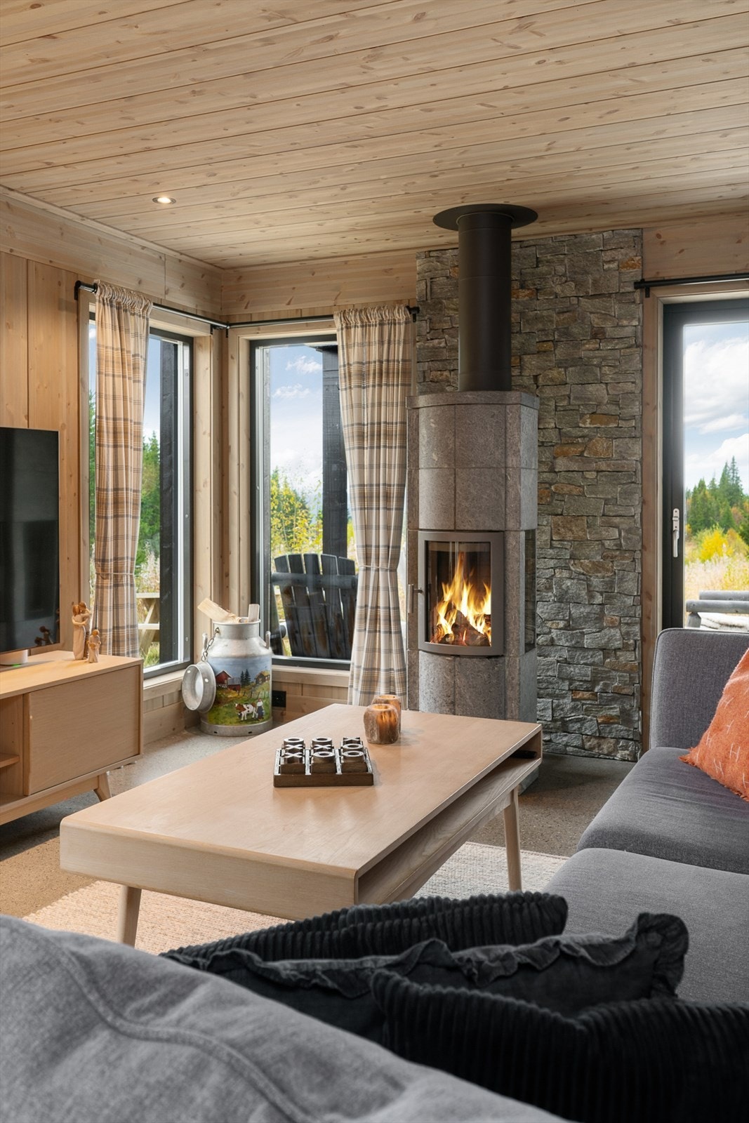 Ildsted med glassfronter bidrar til den gode og lune innetemperaturen på kalde vinterdager- og kvelder. Galleribilde