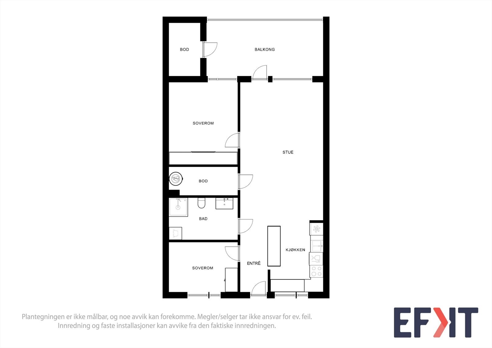 Plantegningen viser en praktisk leilighet med to soverom, bad, bod og åpen stue-kjøkkenløsning. Galleribilde