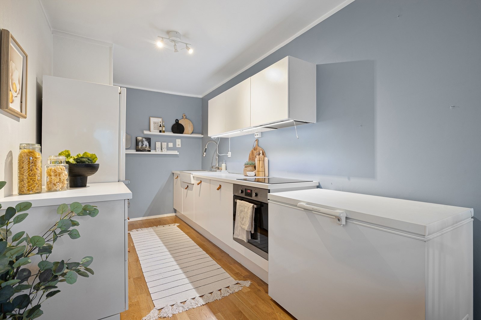 Kjøkkeninnredning med kullfiltervifte over stekesonen. Det er integrert oppvaskmaskin, platetopp og stekovn. Galleribilde