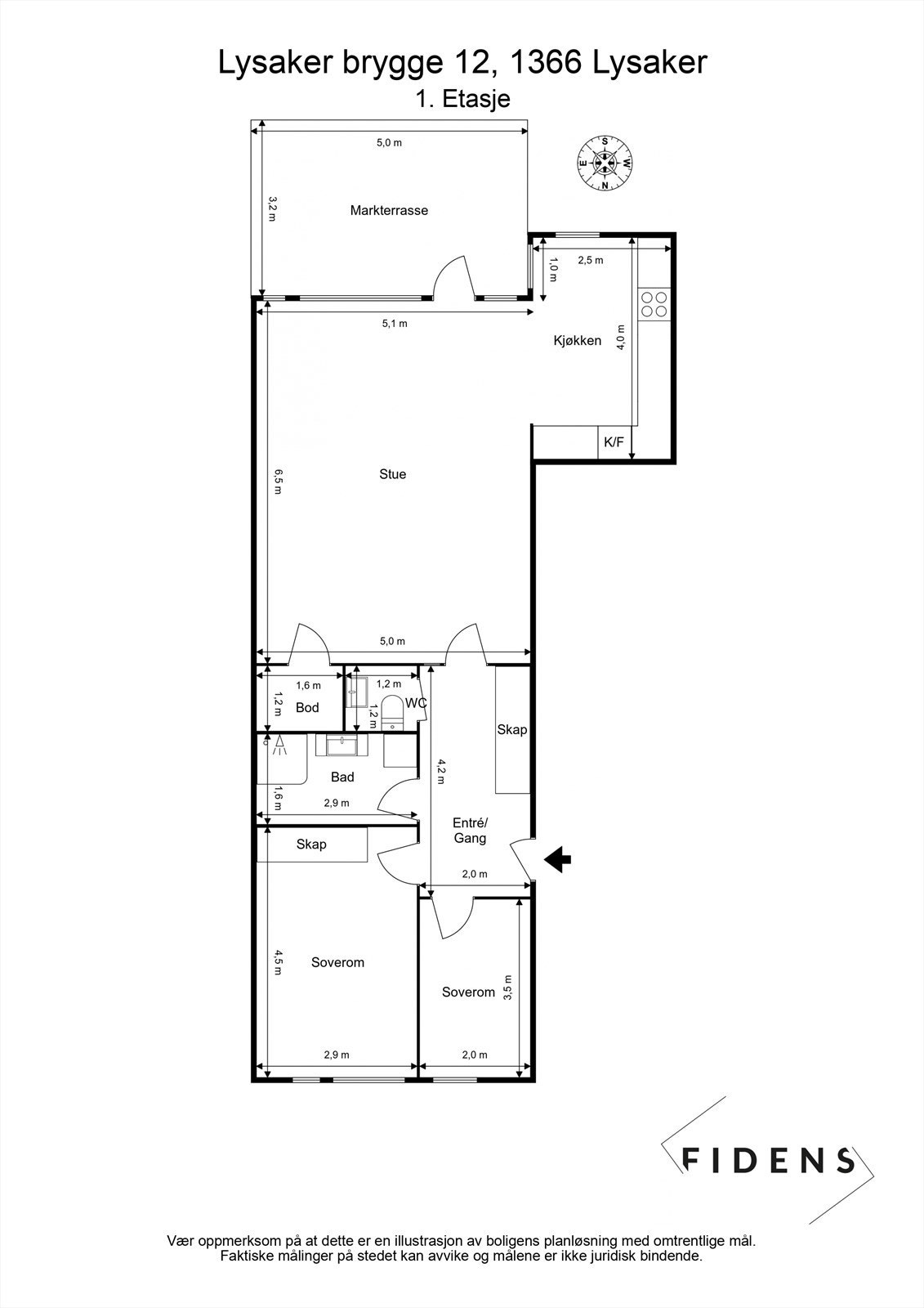 Plantegning. I tillegg disponerer leiligheten en kjellerbod og garasjeplass med opplegg til el-billader. Galleribilde
