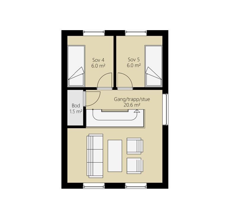 Plantegning av den prosjekterte hytta på tomt A5 Skei Sør på Skeikampen. Galleribilde