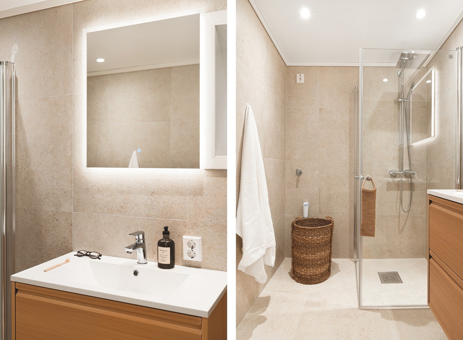 Badet er innredet med vegghengt toalett, helstøpt servant, dusjdører i klart glass og opplegg for vaskemaskin. Galleribilde