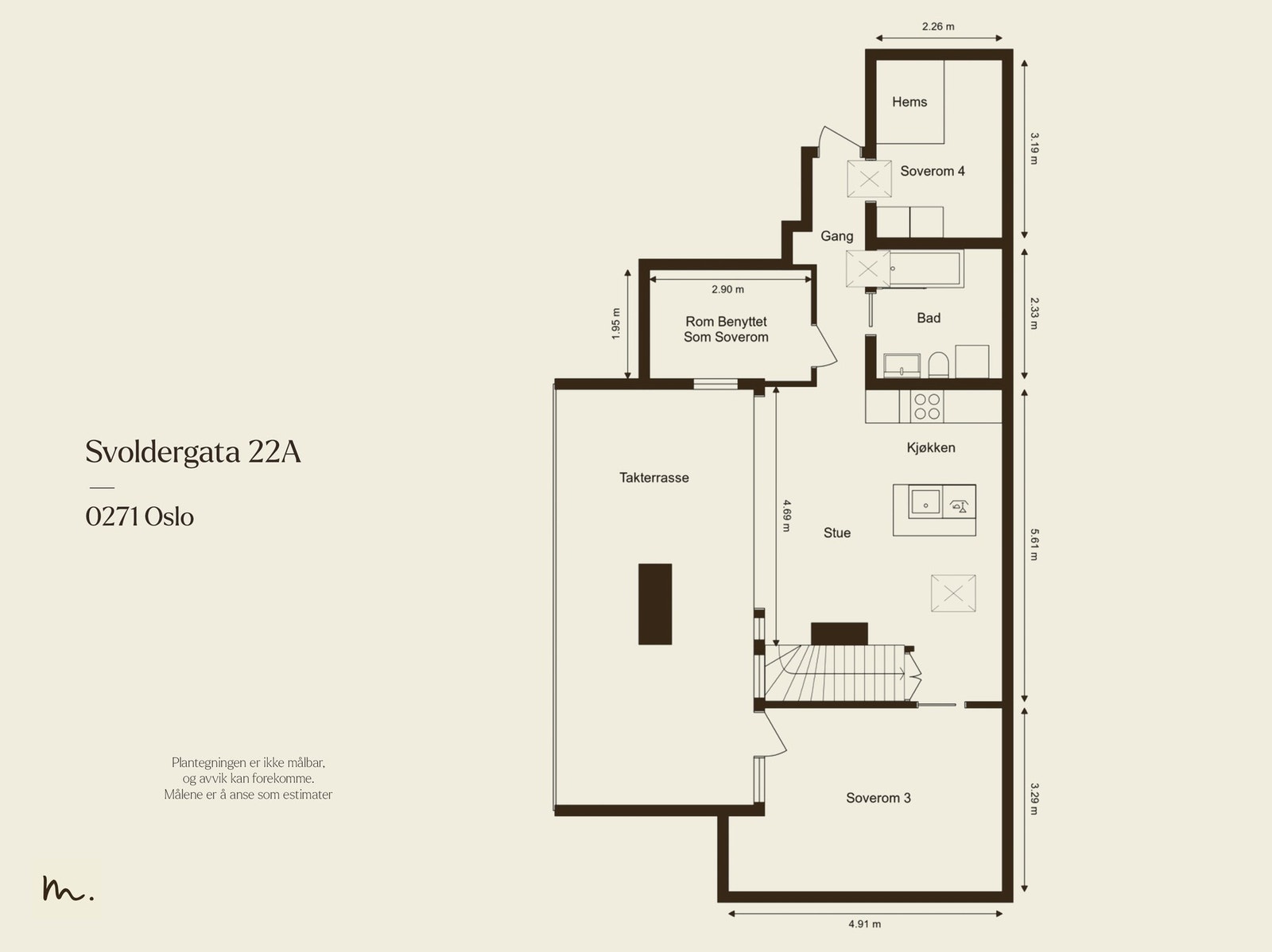 Loftsetasjen består av gang, stue/kjøkken, baderom, to soverom og rom benyttet som soverom. Galleribilde