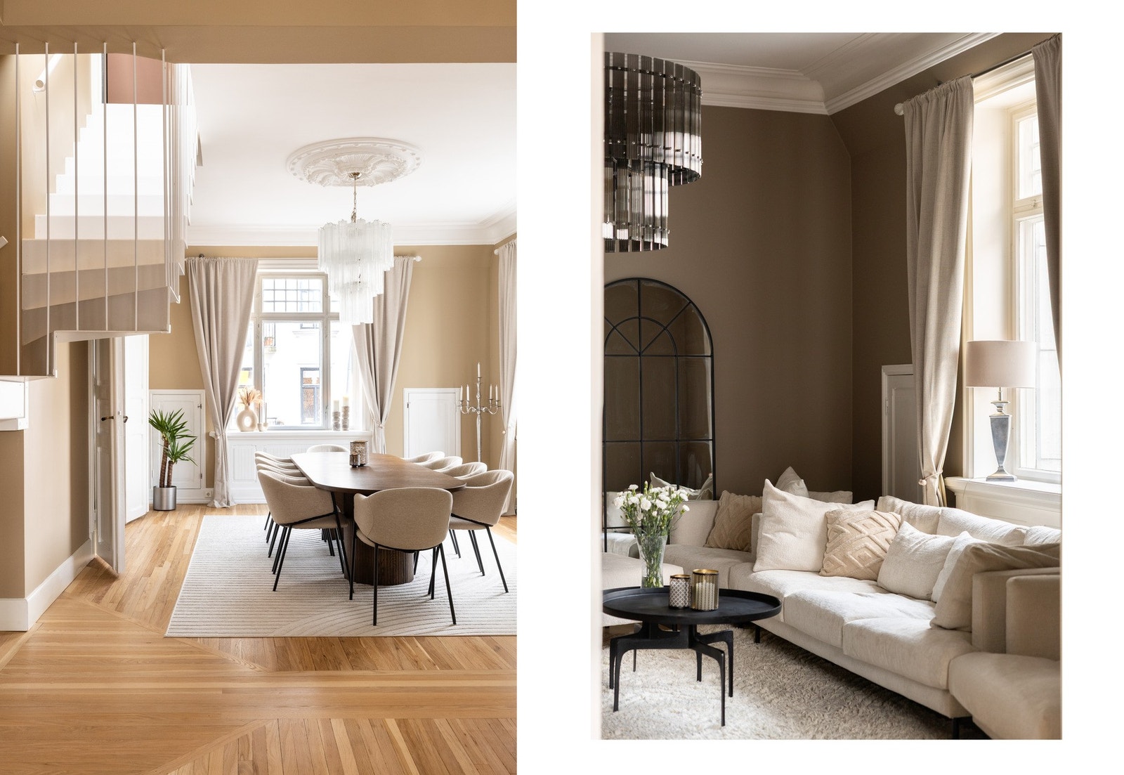 Romslig stue via originale fløydører som gir boligen et unikt og elegant særpreg. Galleribilde