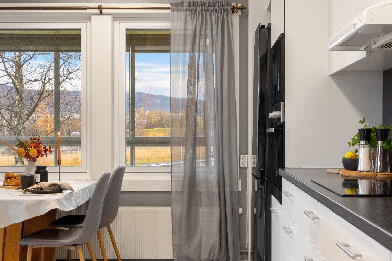 Utsikt fra kjøkken og spiseplass. Galleribilde