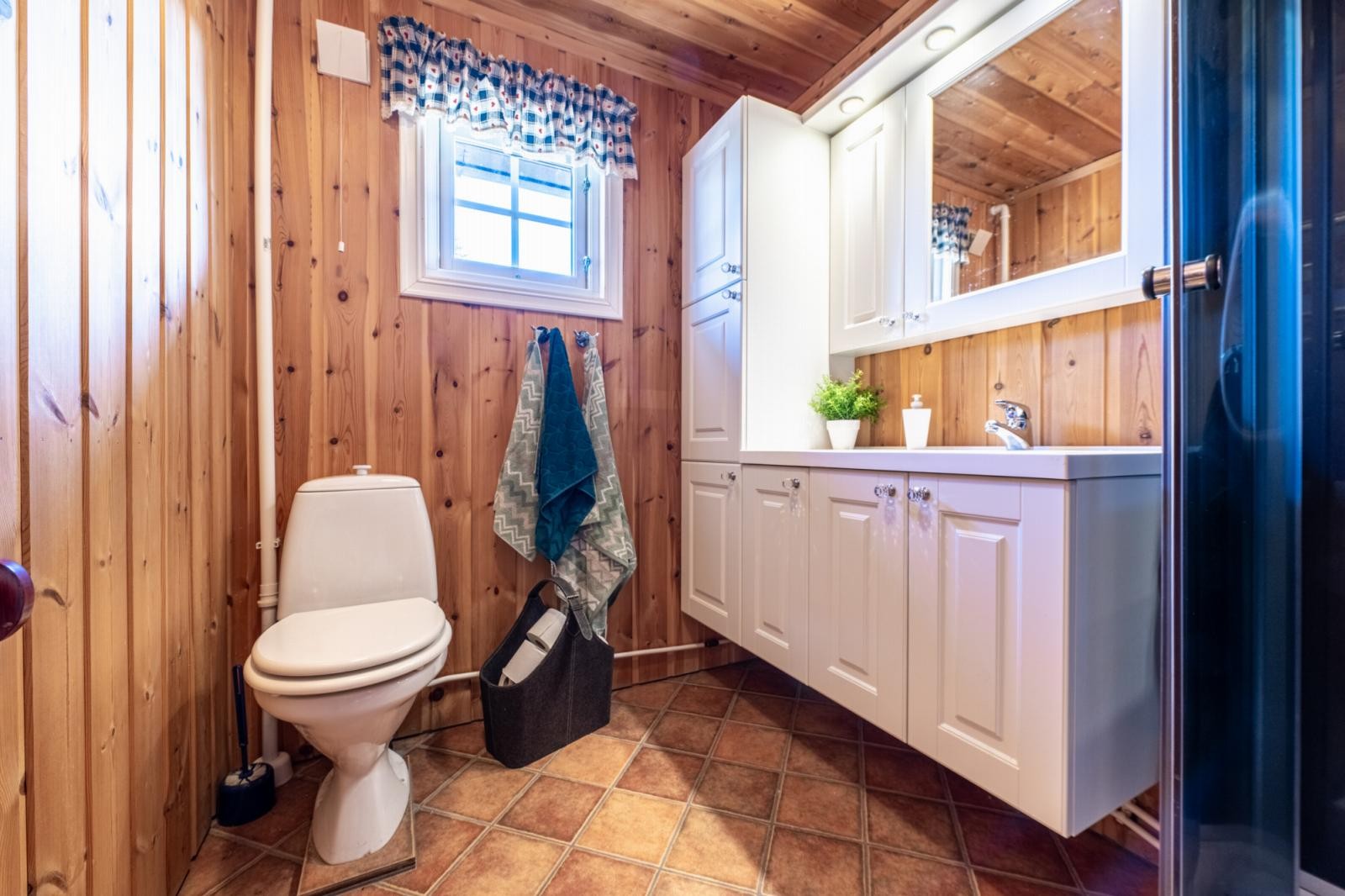 Bad med toalett, baderomsinnredning og dusj Galleribilde