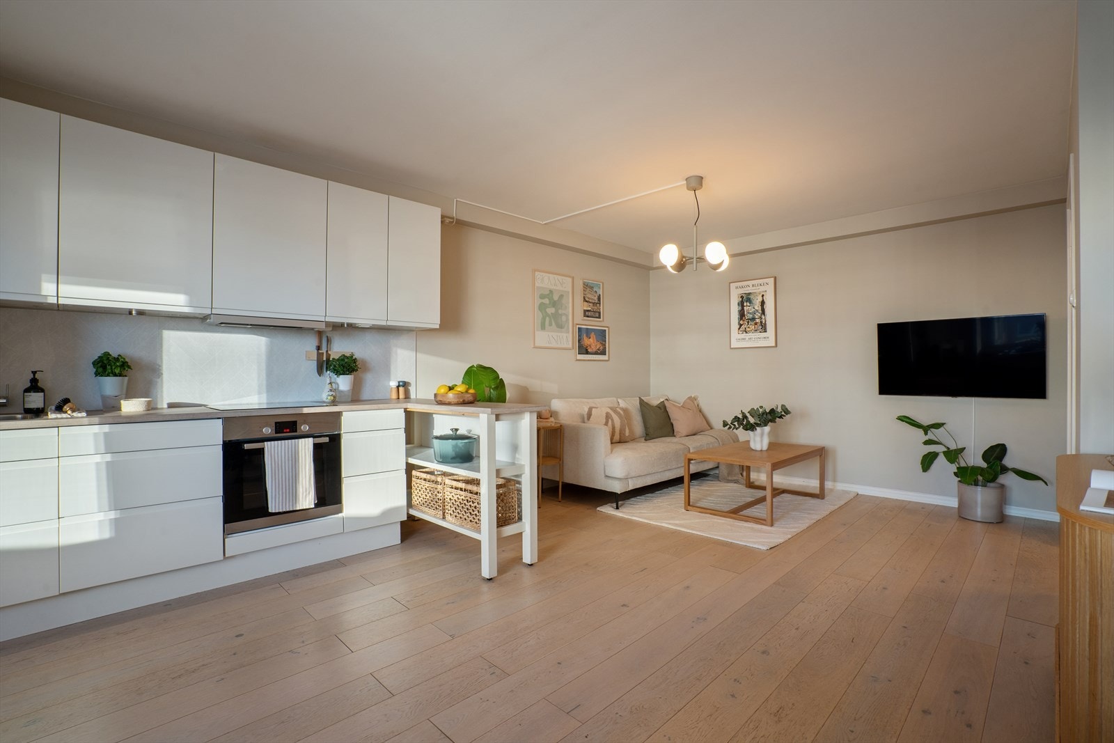 Leiligheten har en svært funksjonell åpen løsning mellom kjøkken og stue. Gulvene er dekket med enstavs eikeparkett, og overflatene i stuen er malt i nyere tid. Galleribilde