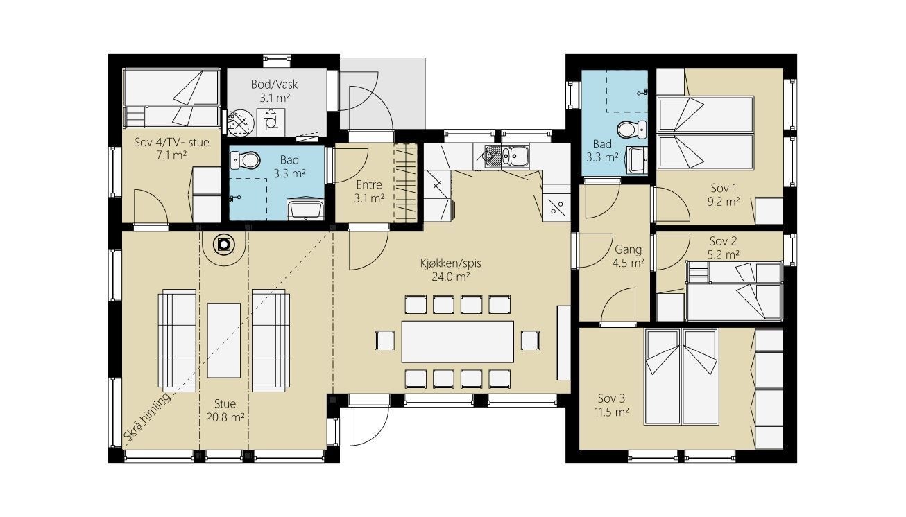 Plantegning av den prosjekterte hytta på tomt A4 Skei Sør på Skeikampen. Galleribilde