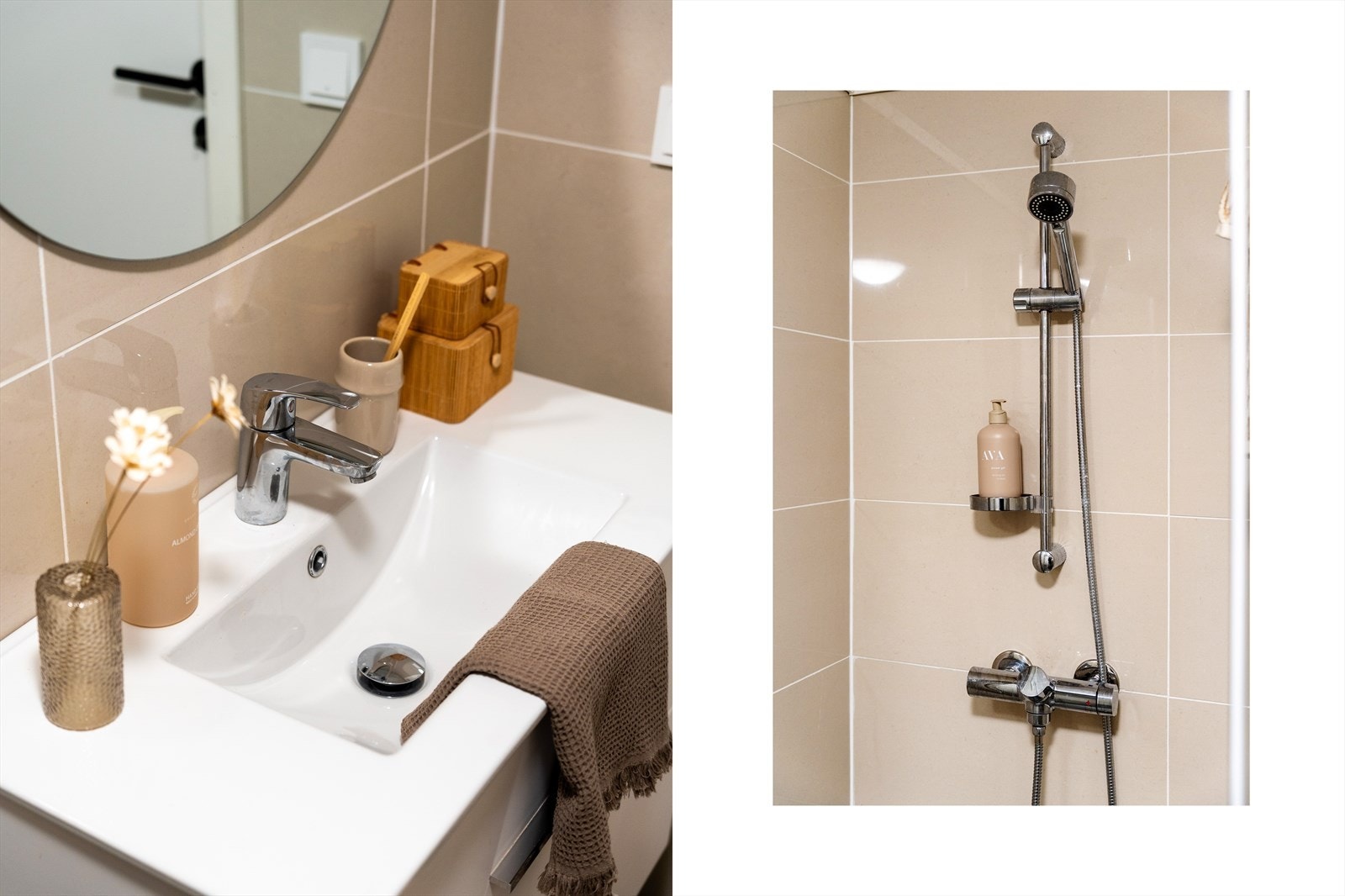 Rommet er innredet med dusjhjørne, seksjon med heldekkende vask, veggmontert toalett og fordelerskap for vannrør. Galleribilde